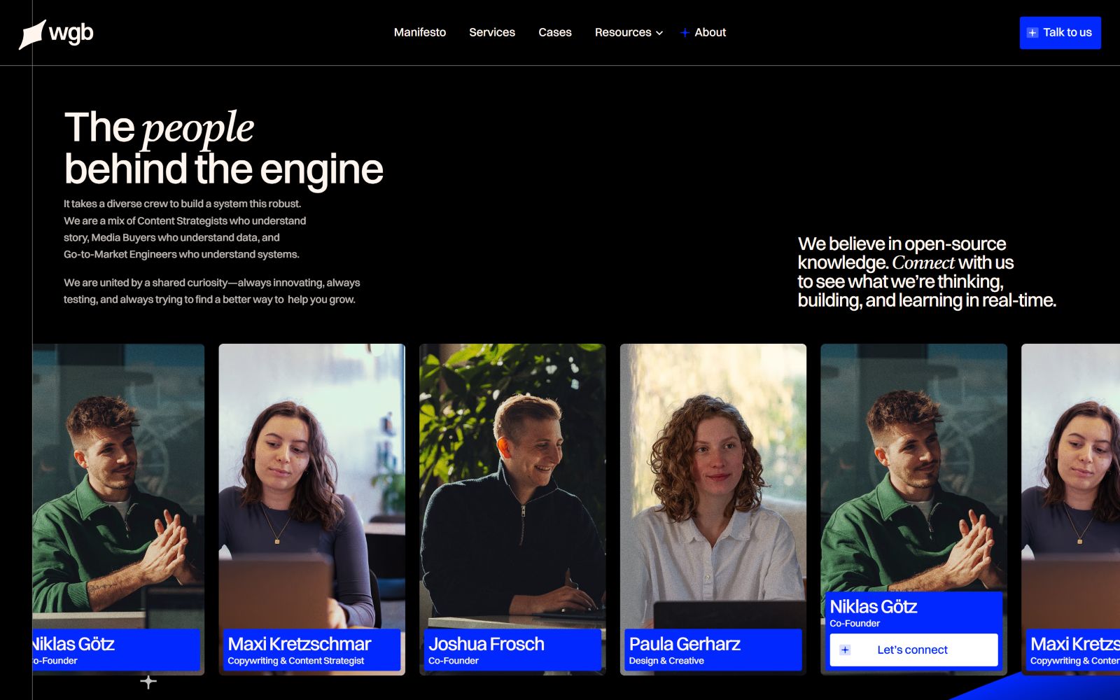 WGB website section showcasing four team members with names and titles, against a black background with white and blue text.