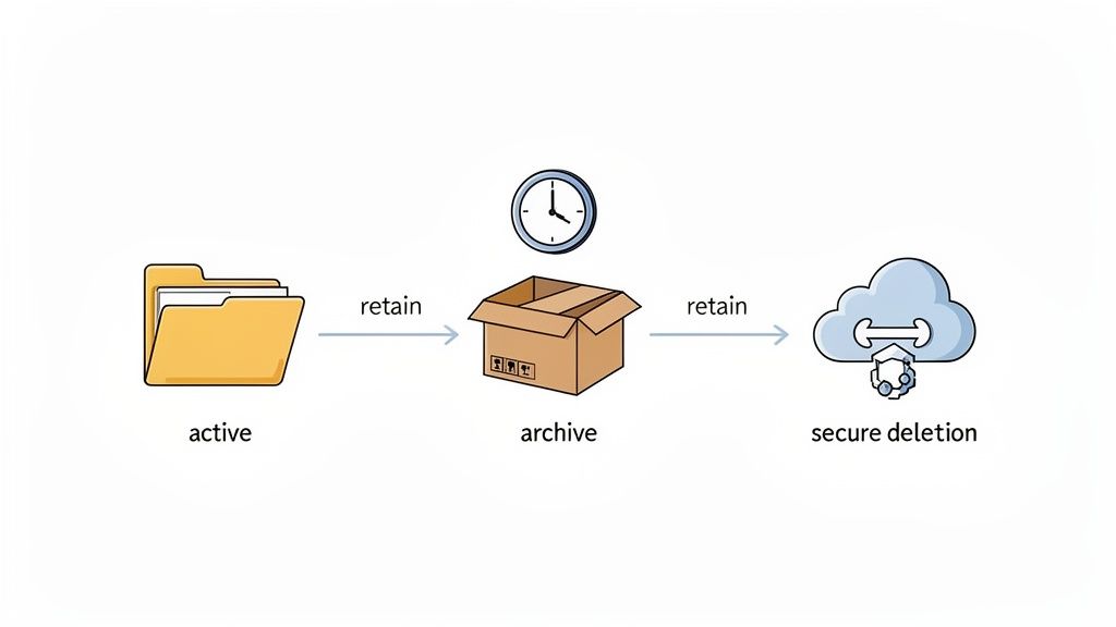 Diagram illustrating data lifecycle from active files to archive, then to secure deletion after retention.