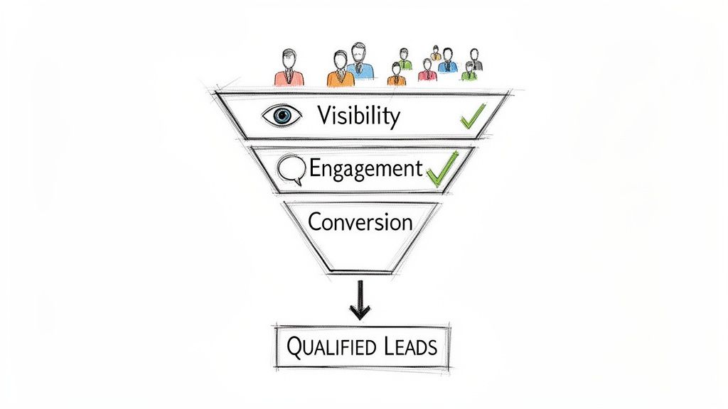A marketing funnel diagram illustrating Visibility, Engagement, and Conversion leading to Qualified Leads.