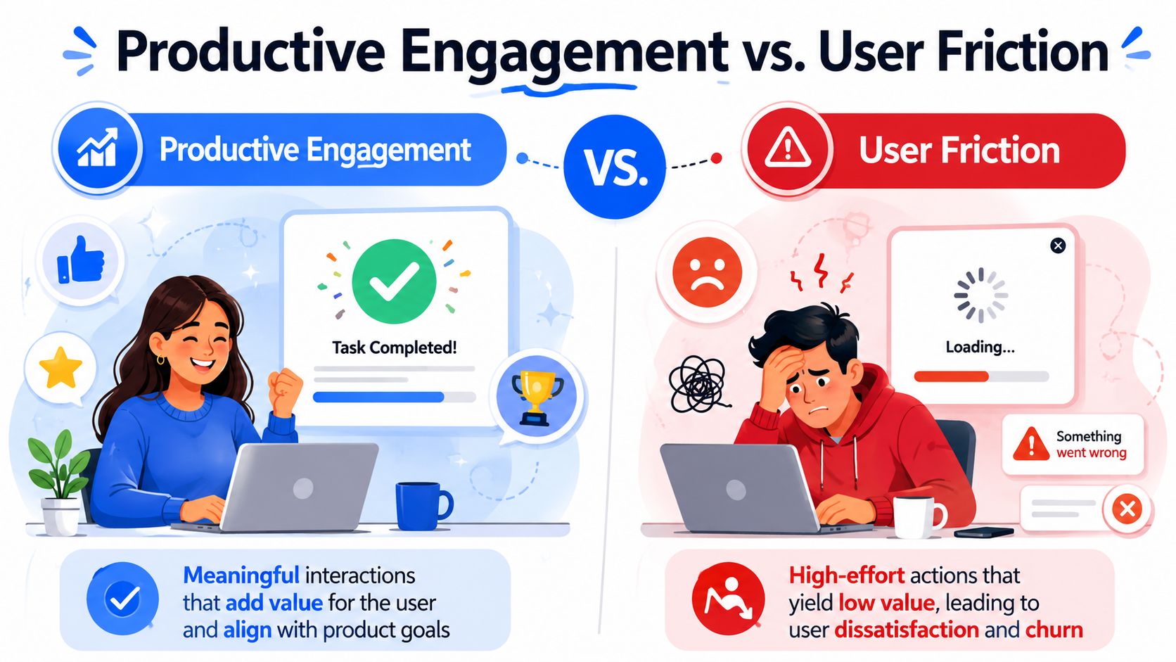 A split illustration comparing productive engagement with success versus user friction leading to frustration and churn.