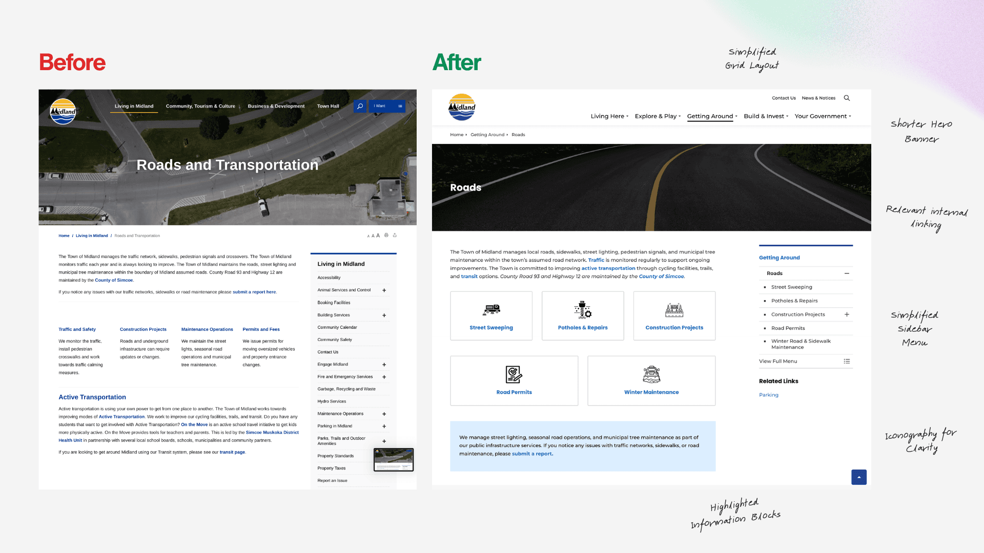 Before and after comparison of Roads webpage