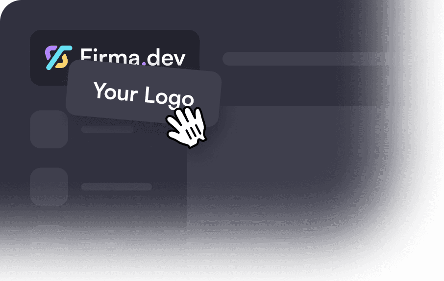 A dark interface showing the "Firma.dev" logo with a hand cursor dragging a "Your Logo" placeholder box over it.