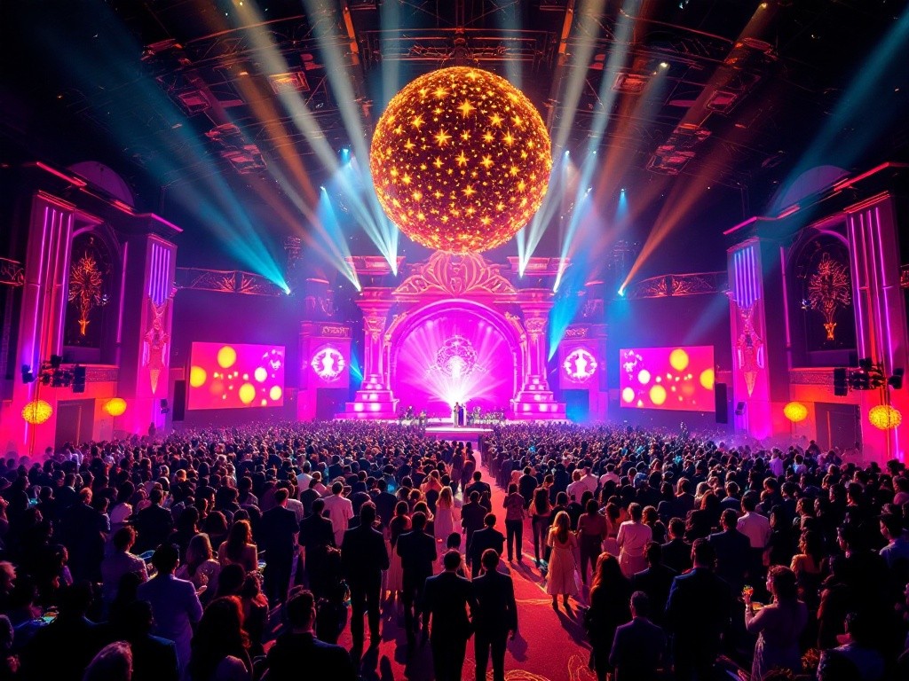 A large crowd of people are gathered in a large venue with a large disco ball hanging from the ceiling.