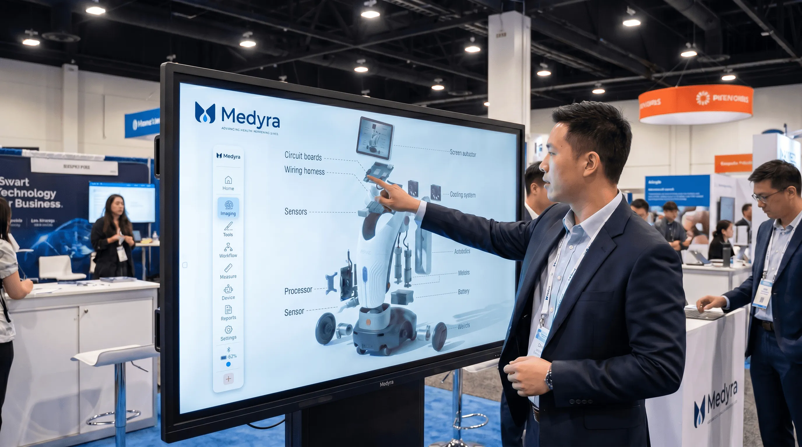 Person interacting with Medyra ProScan exploded-view digital twin at a healthcare trade show