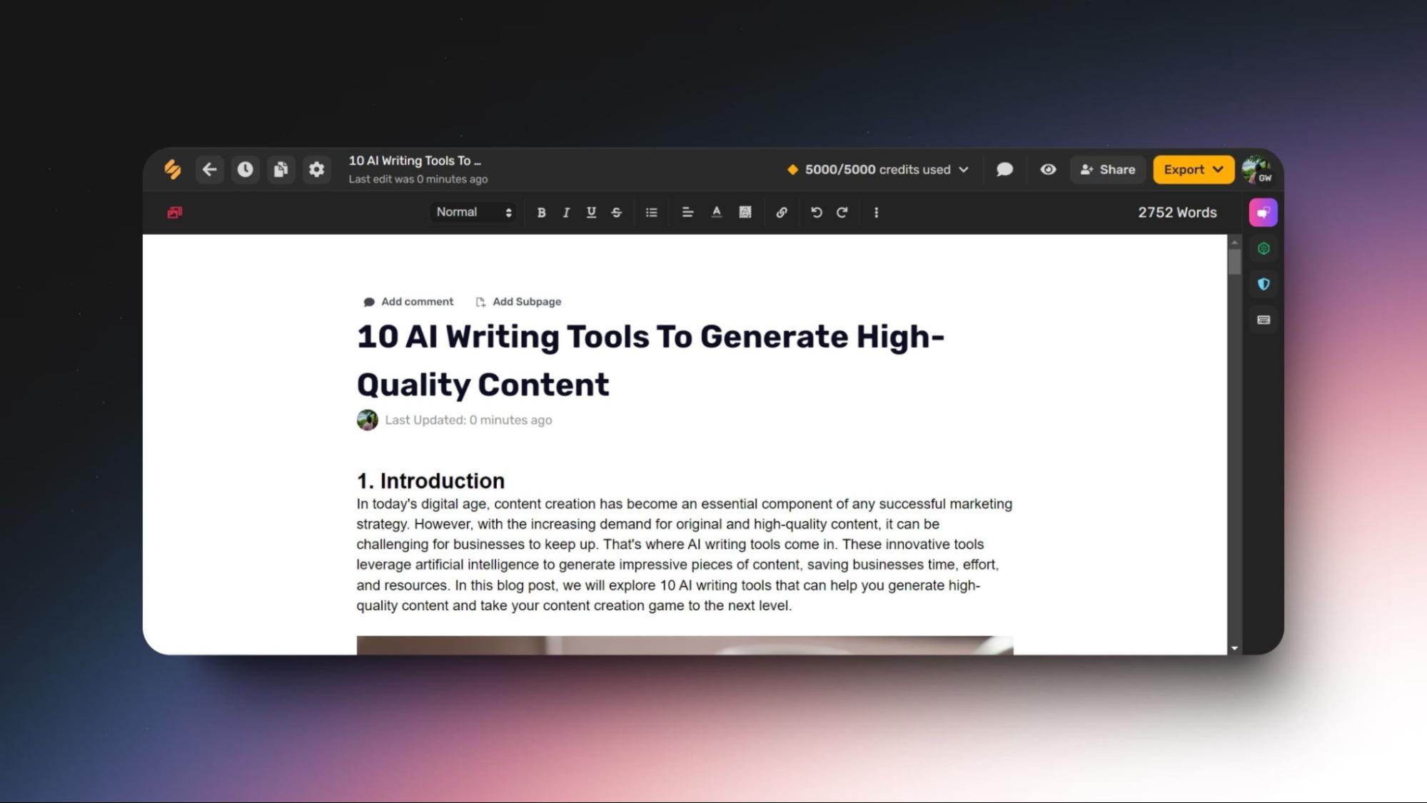 Screenshot of a detailed blog post titled "10 AI Writing Tools to Generate High-Quality Content," featuring introduction and key sections for marketers.