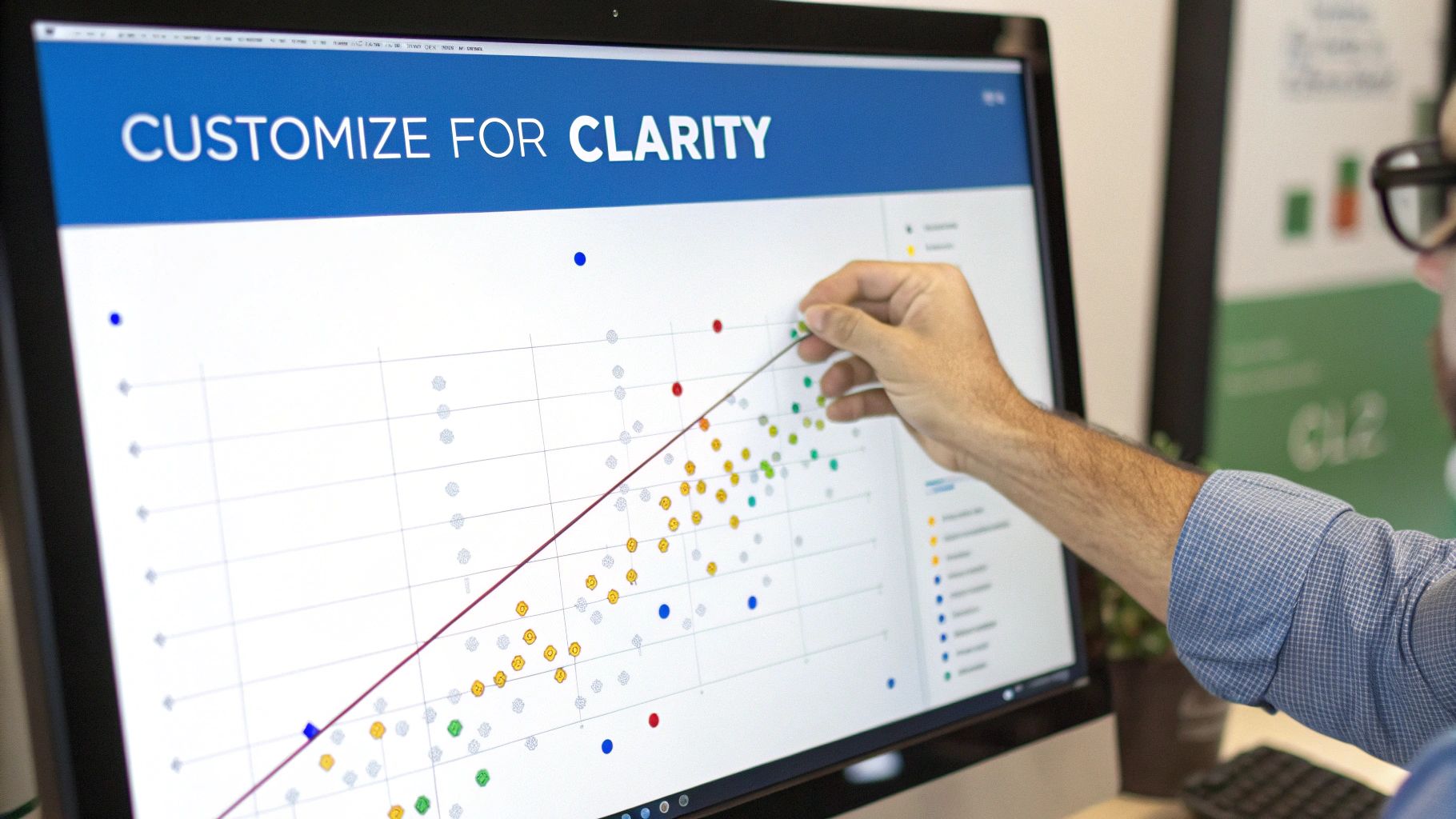 A hand points at a colorful scatter plot on a computer monitor displaying 'CUSTOMIZE FOR CLARITY'.