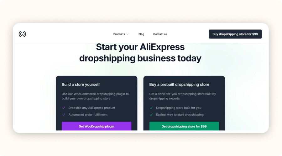WooDropship homepage with plugin and prebuilt store options