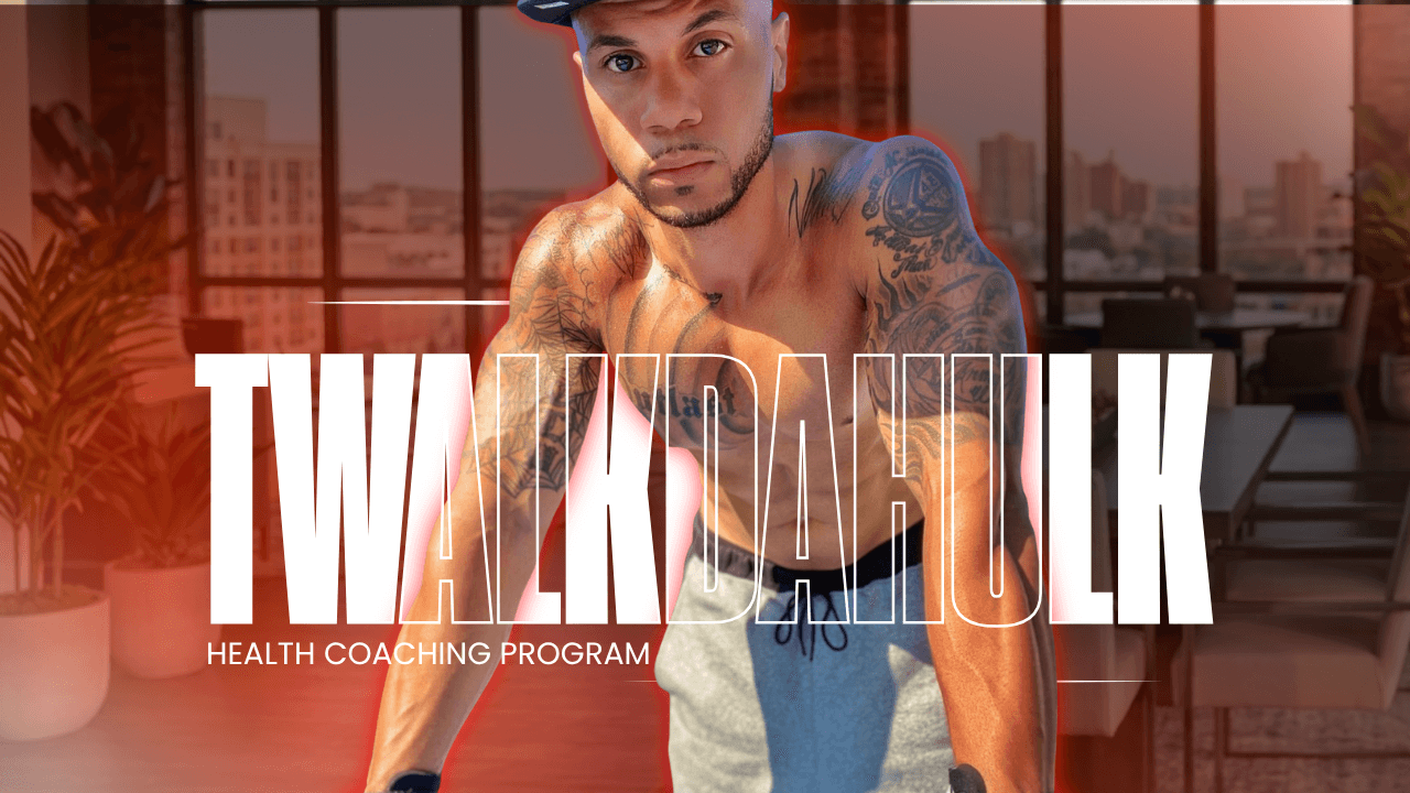 A muscular man with tattoos poses shirtless indoors, wearing a cap. The background shows tall windows with a city view. Bold text reads "TWALKDAHULK Health Coaching Program," conveying strength and fitness focus.