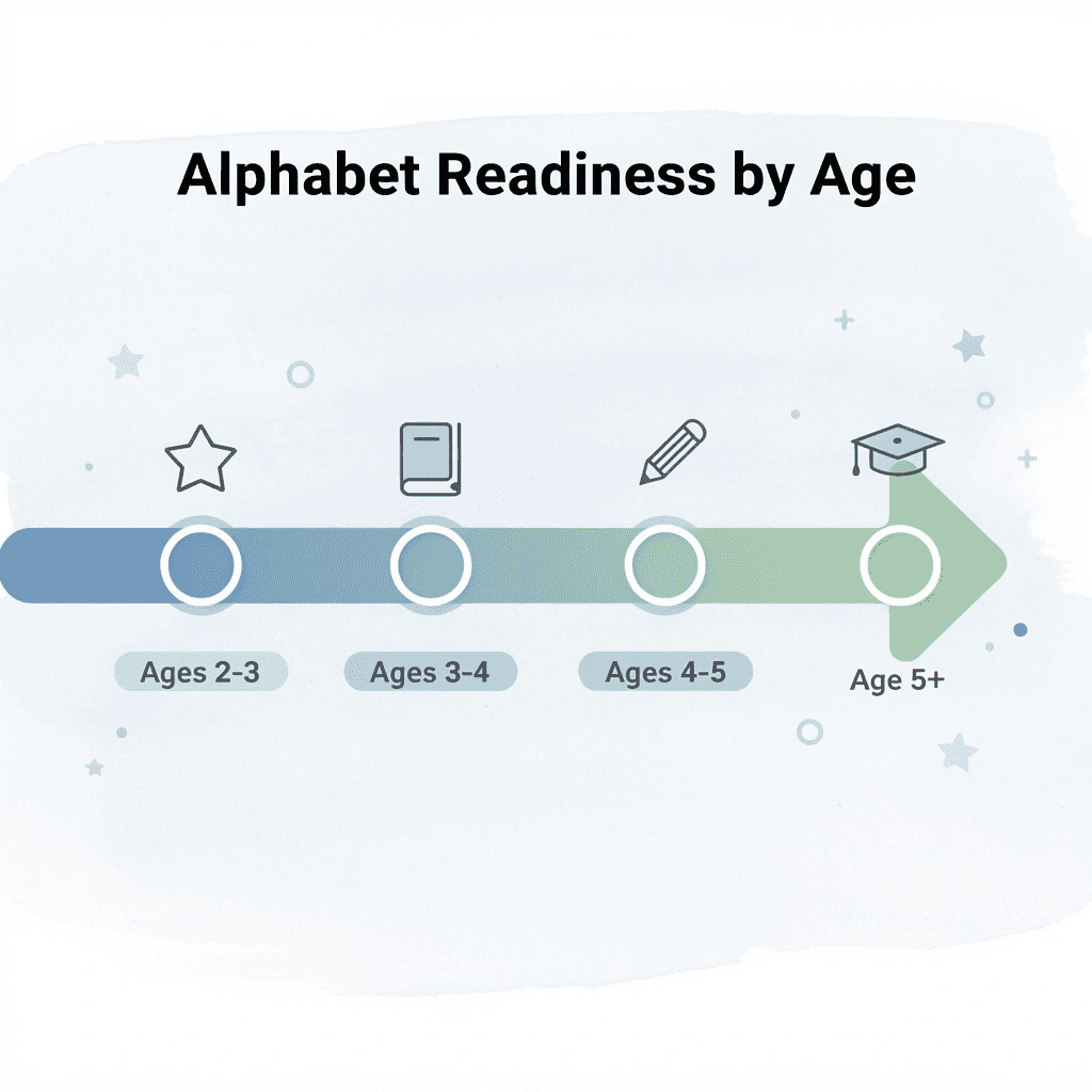 Arrow progression showing alphabet readiness milestones from ages 2 through 5