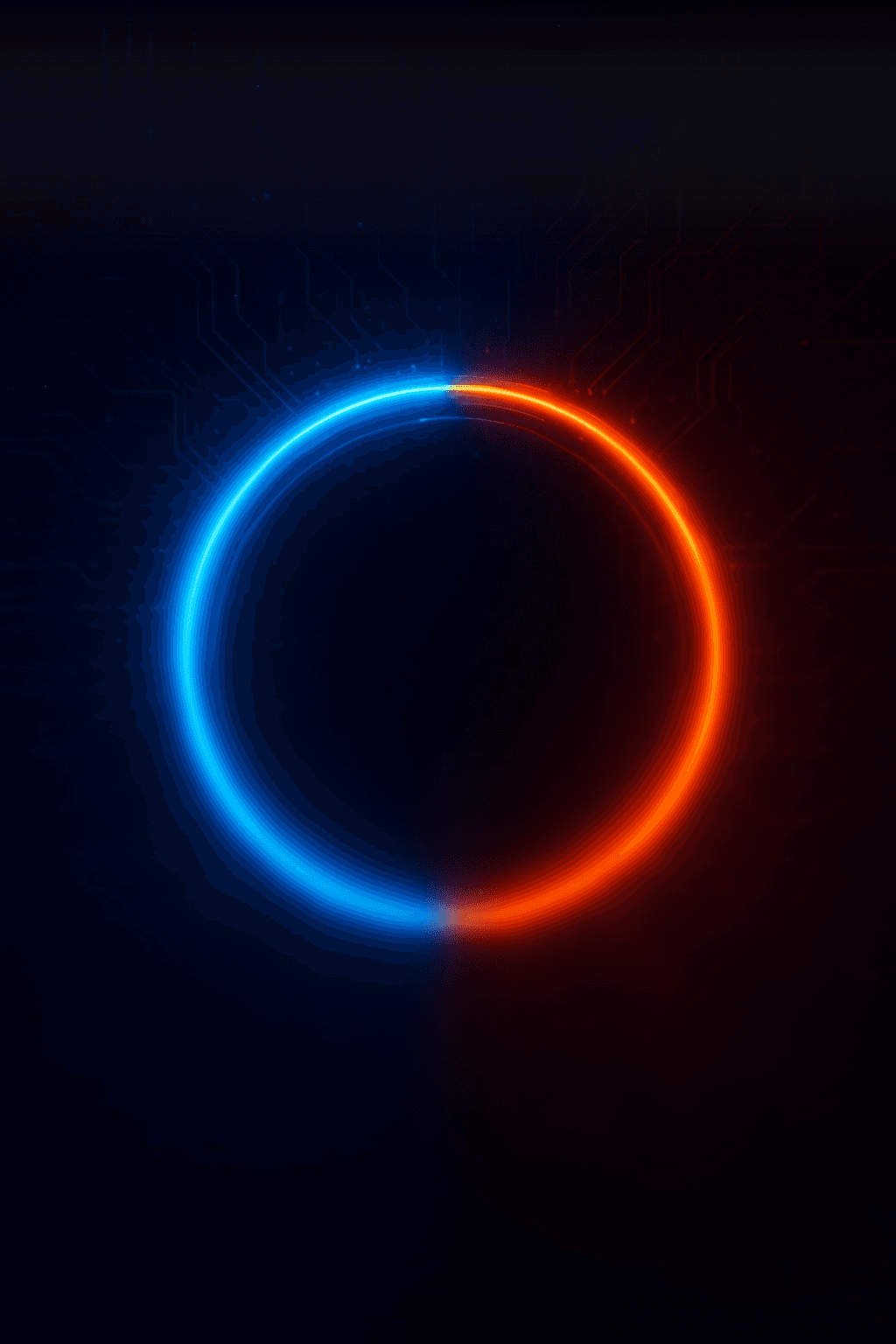 A sleek, minimalist wallpaper features a perfect circle, split evenly with a vibrant blue glow on the left and a fiery orange glow on the right. The background is a dark, almost black, color with subtle, intricate circuit board patterns in a faint blue, suggesting a high-tech, digital theme. The contrast between the cool blue and warm orange creates a striking visual balance.