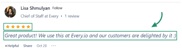 User review screenshot praising Upsolve from a Chief of Staff at Every.io