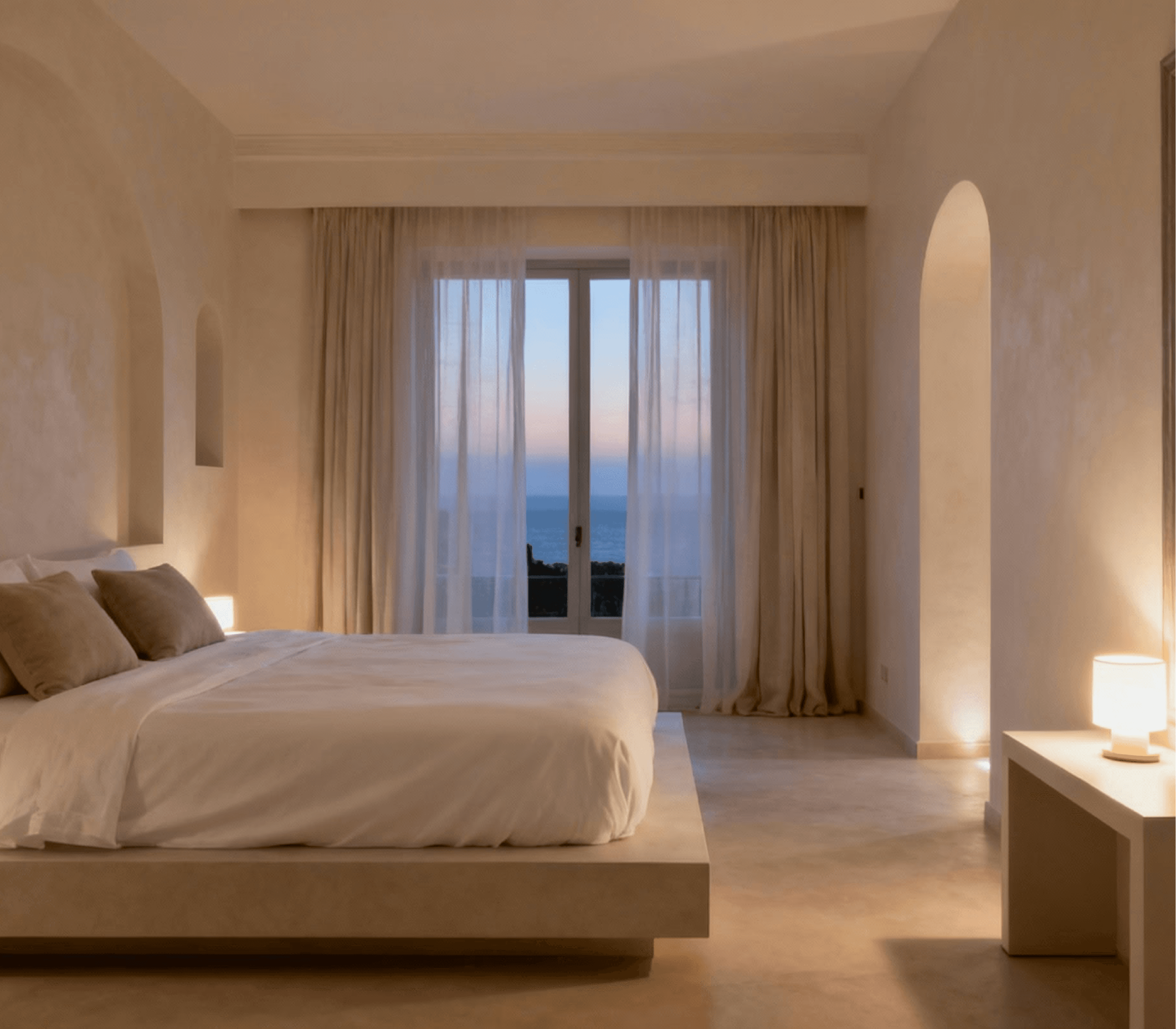 Dormitor minimalist cu lumină caldă de apus, draperii bej și mobilier simplu, tonuri naturale.