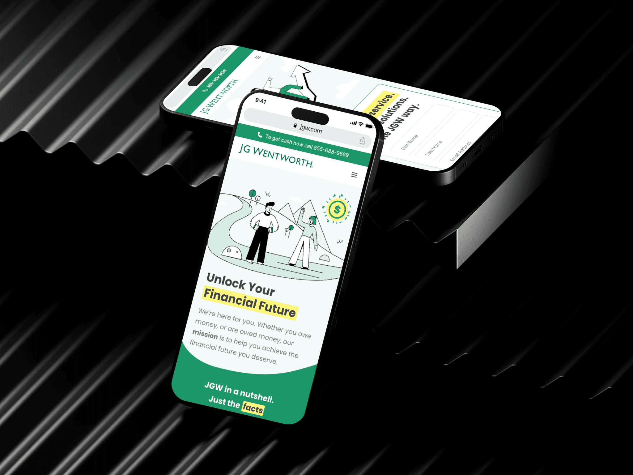 Visualisation of 2 mobiles standing next to the graphical objects. One of them shows onboarding illustration with following text "Unlock your financial future".