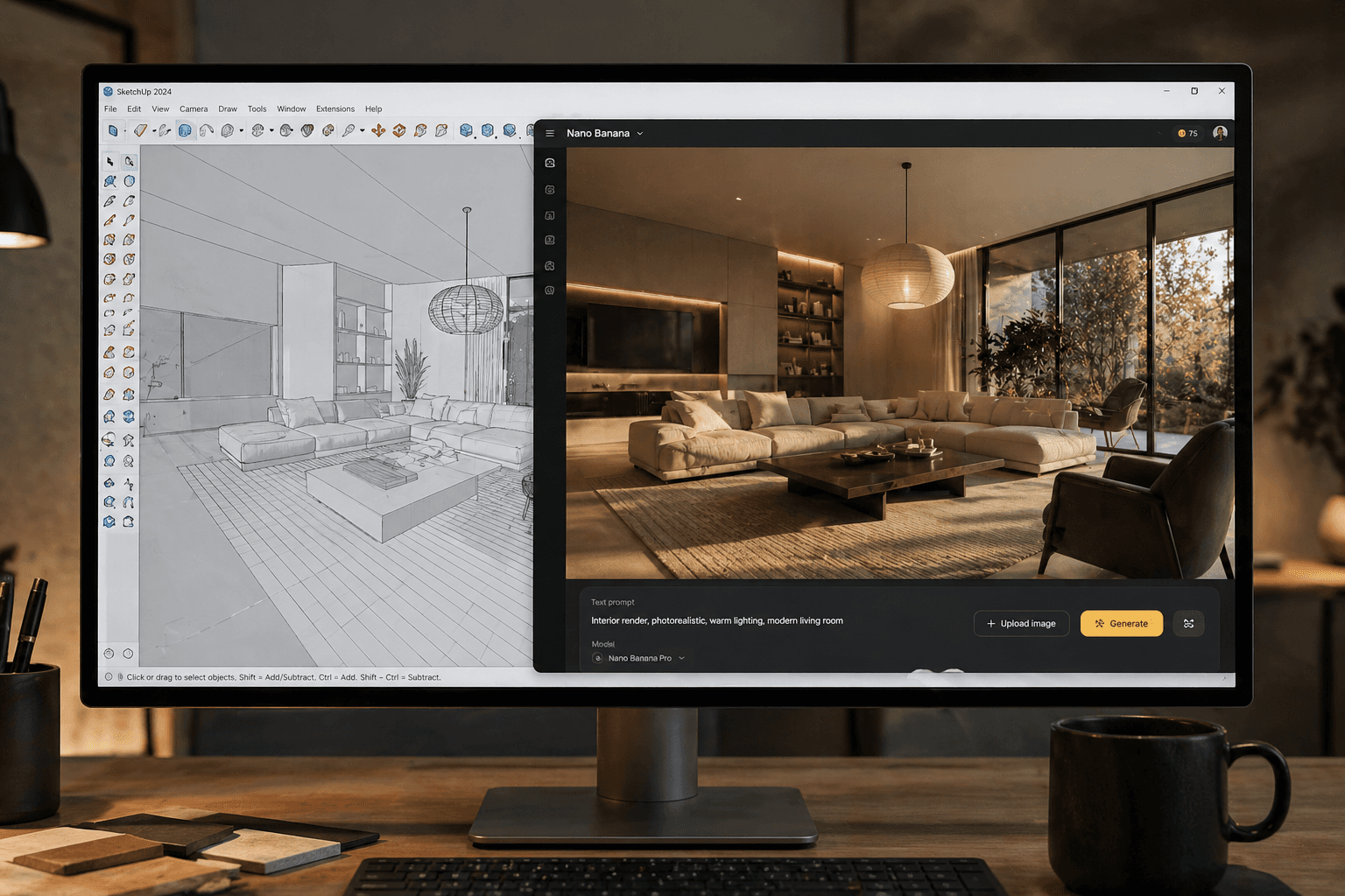 AI architectural visualisation workflow with SketchUp 3D model and photorealistic interior render displayed on screen, highlighting interior design rendering, CGI services, and AI-enhanced visualisation by Pixelspaces