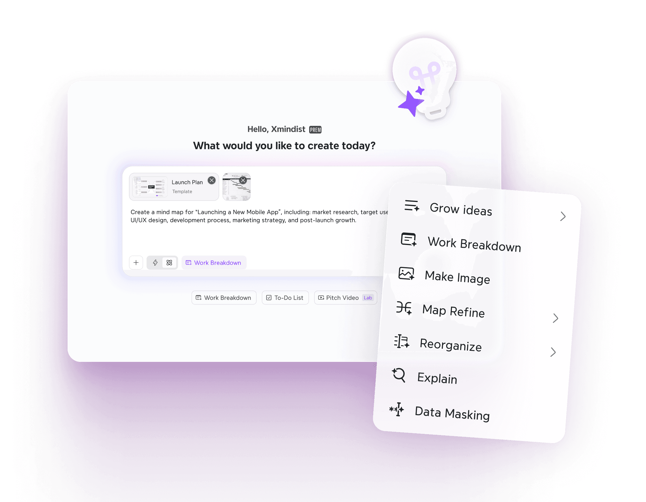 Gerador de mapas mentais Xmind AI com o painel Create with AI, a apresentar as funcionalidades Grow Ideas, Work Breakdown, Mapa Refine e Data Masking