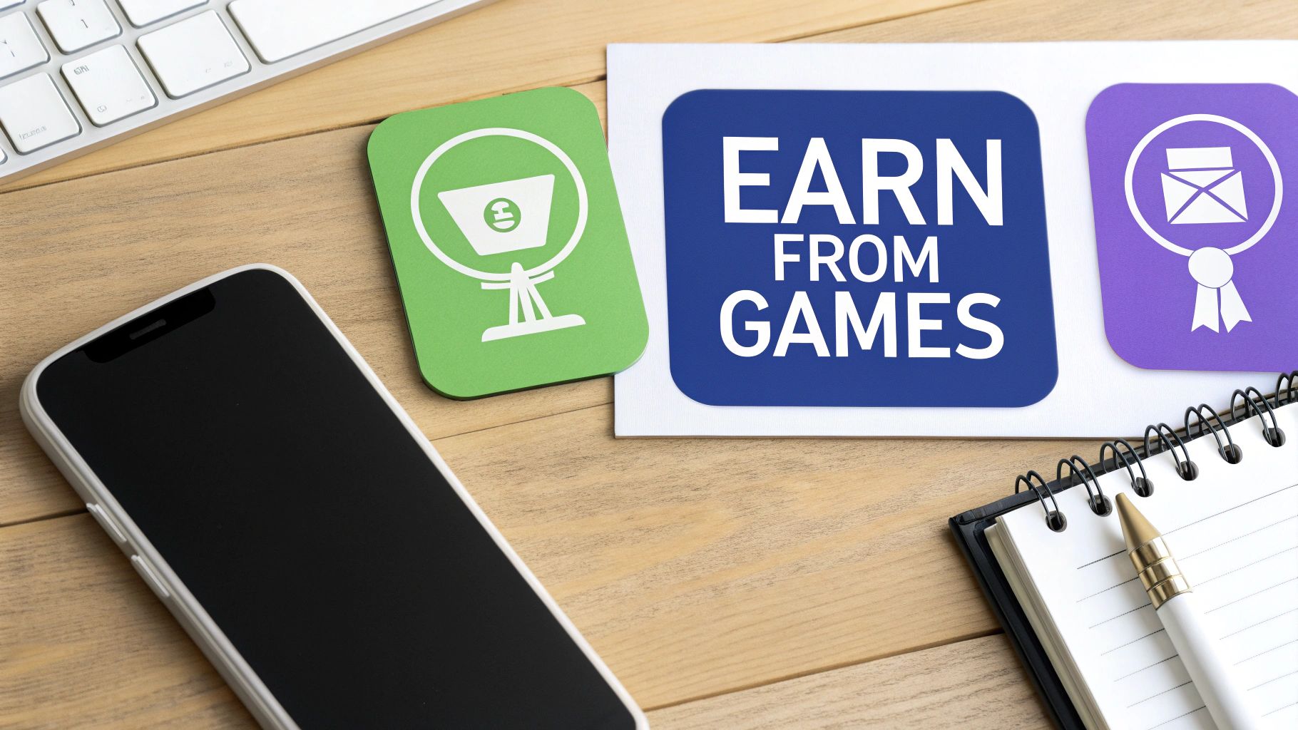 Flat lay of a smartphone, keyboard, notebook, and cards displaying 'EARN FROM GAMES' on a wooden desk.