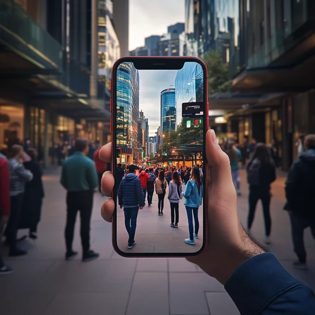 Smartphone affichant une scène urbaine animée