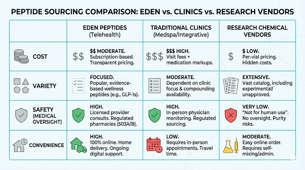Eden peptides comparison chart showing telehealth vs clinics vs research peptide vendors