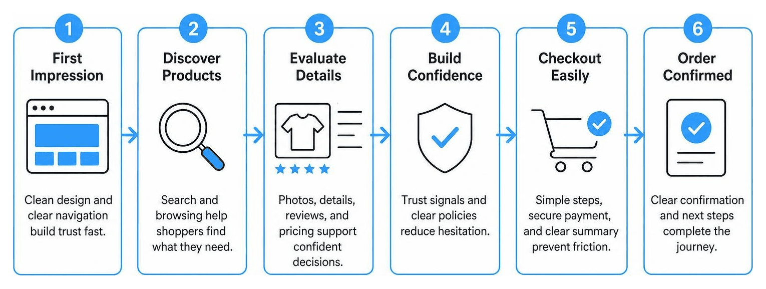 Diagram mapping the ecommerce customer journey from visual appeal to final order confirmation