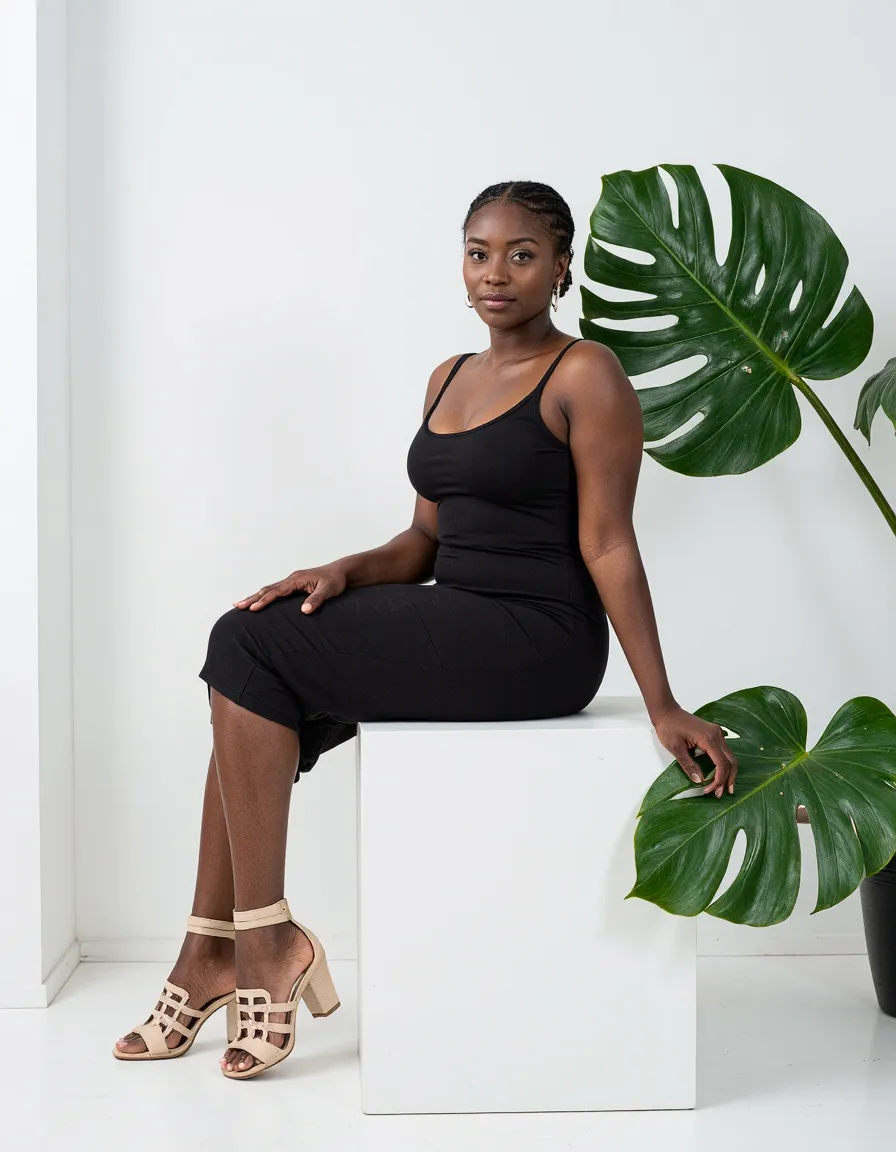 Minimalist fashion portrait with black dress against white backdrop, complemented by large monstera leaves for natural contrast