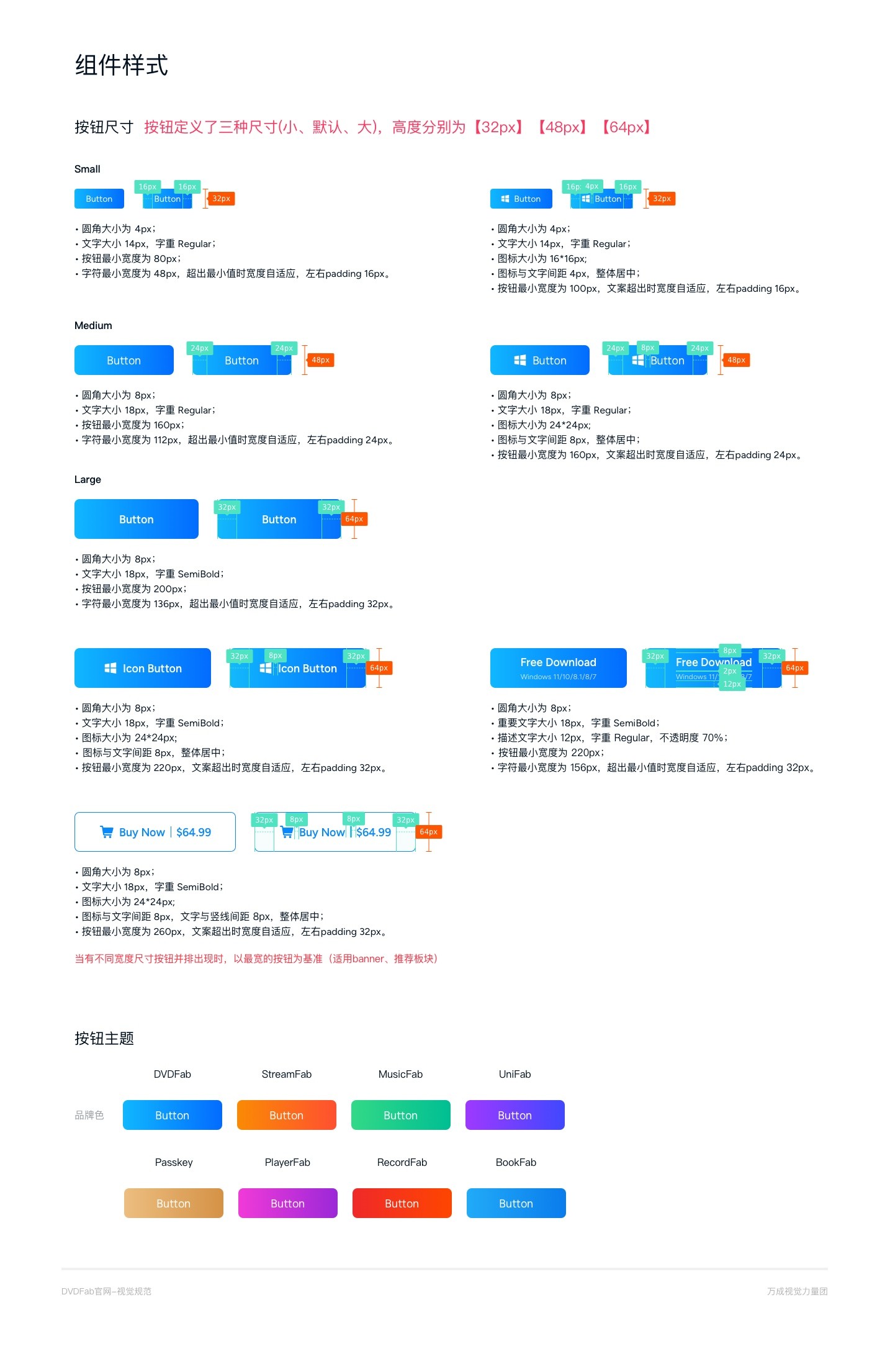 按钮三档尺寸的完整标注：圆角、字号、图标尺寸、间距、最小宽度与内边距