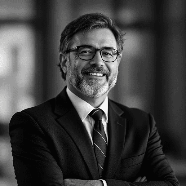 Black and white photo of a man in a suit