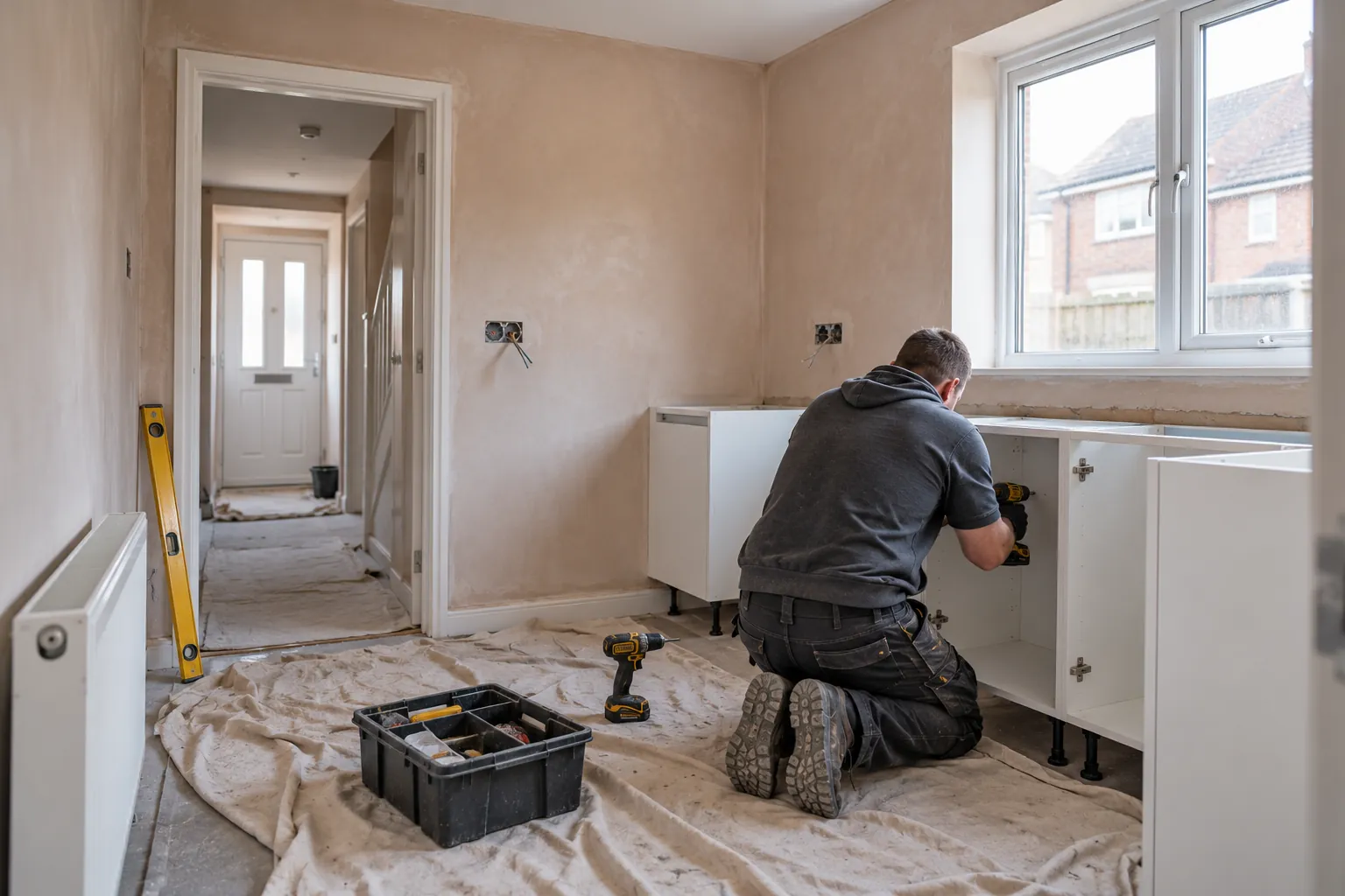 radesperson fitting a new kitchen base unit in an empty council house during internal refurbishment works