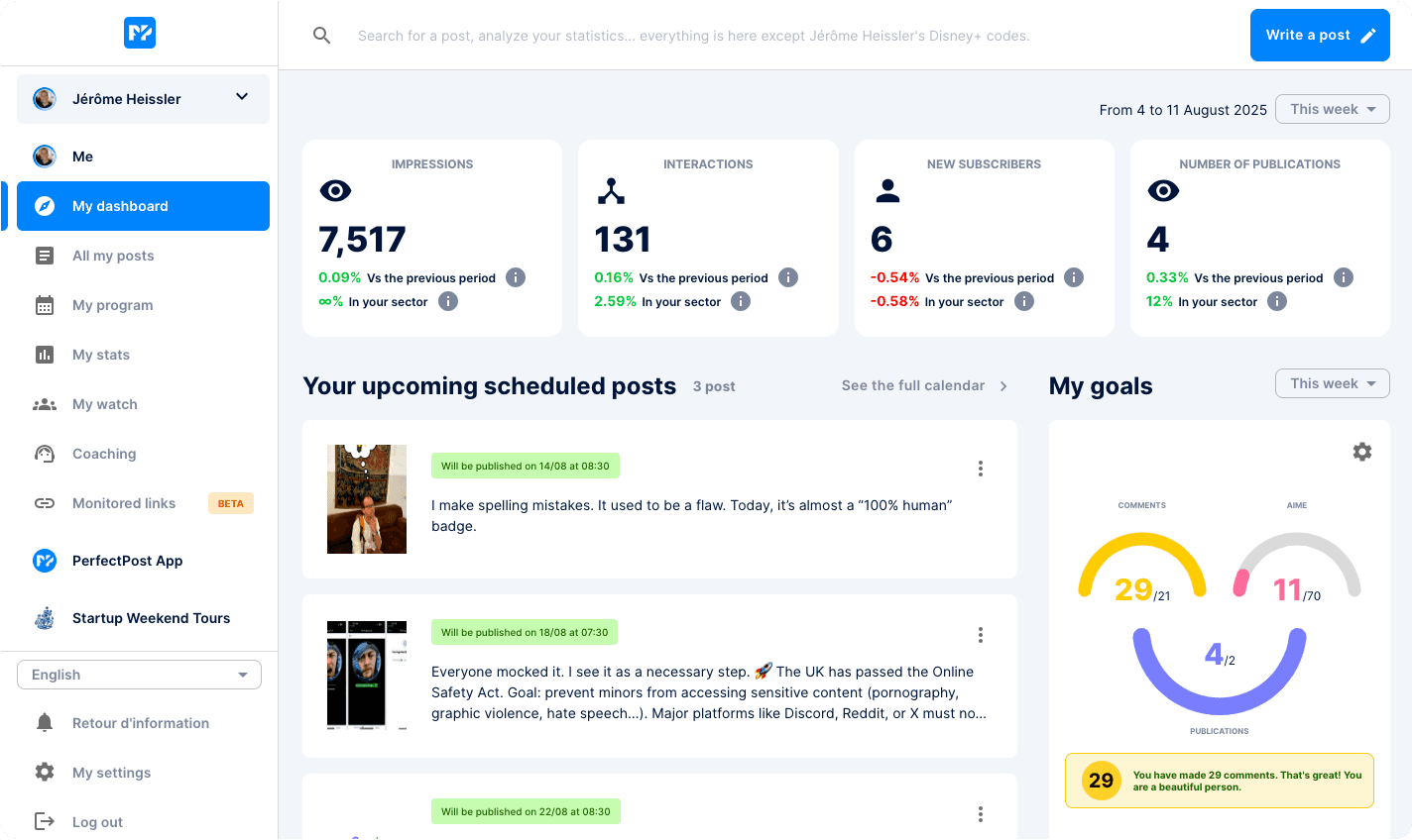 A screenshot of PerfectPost's dashboard, displaying a user's impressions, interactions, new subscribers, number of publications, and upcoming scheduled posts