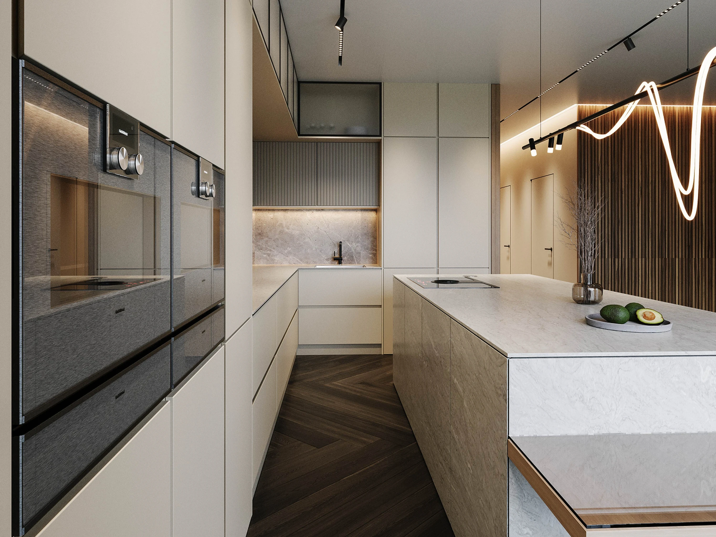 Cuisine — crédence quartz et éclairage sous meuble.