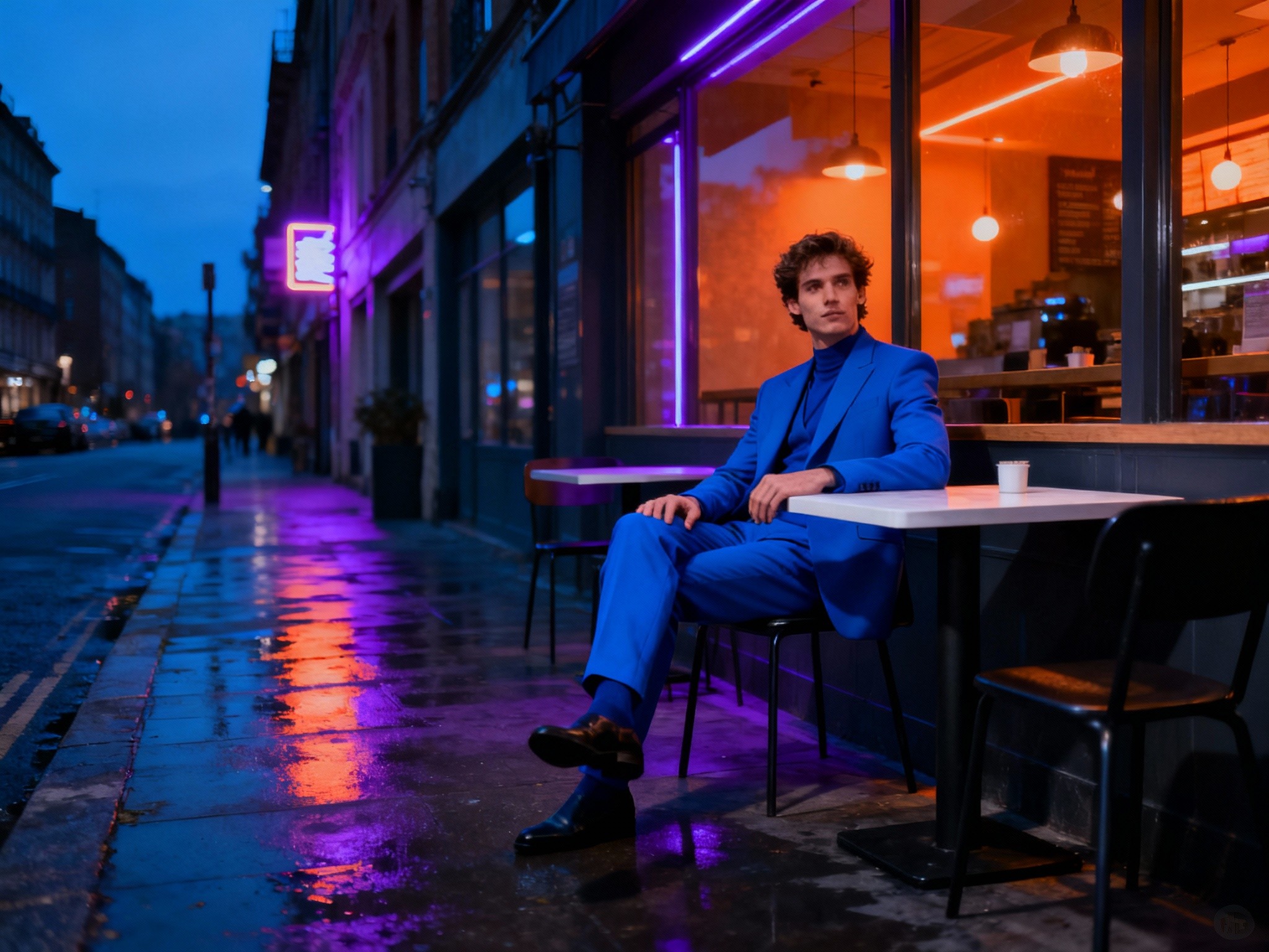 A cinematic wide landscape image of a stylish person in a vibrant invincible blue suit seated