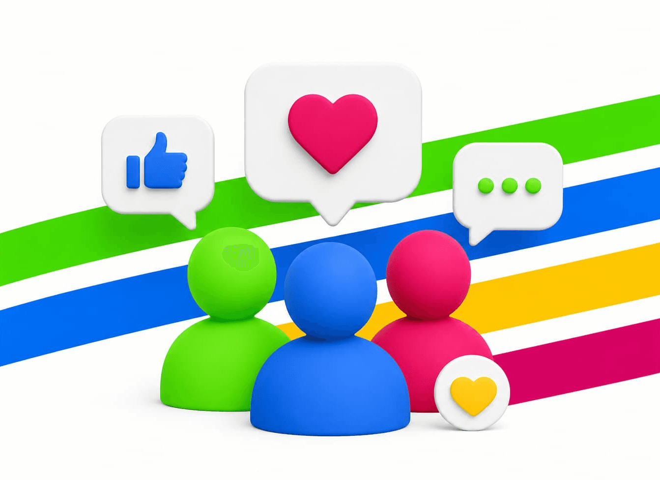 Grafische Darstellung zum Community Management mit Kommentaren, Nachrichtenmanagement, Kundenkommunikation, Community Aufbau und Interaktionssteigerung für Social Media Kanäle.