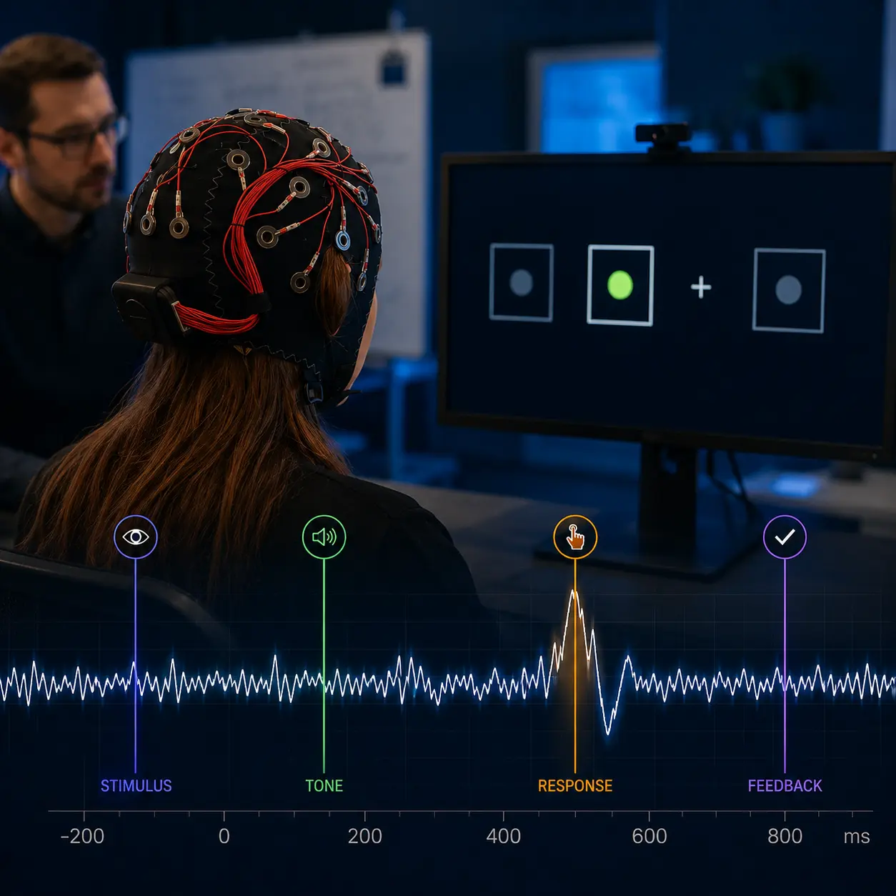 Ein Forschungsteilnehmer trägt ein EEG-Headset, während er eine computergestützte kognitive Aufgabe erledigt, während ein Forscher zusieht. Eine saubere EEG-Wellenform mit farbcodierten Ereignismarkern veranschaulicht die präzise Synchronisation zwischen experimentellen Ereignissen und aufgezeichneter Gehirnaktivität während einer EEG-Studie.