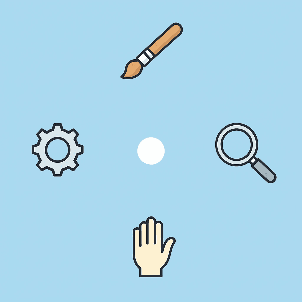 Compass diagram showing four learning approaches: color sorting, counting, texture exploration, and creative discovery