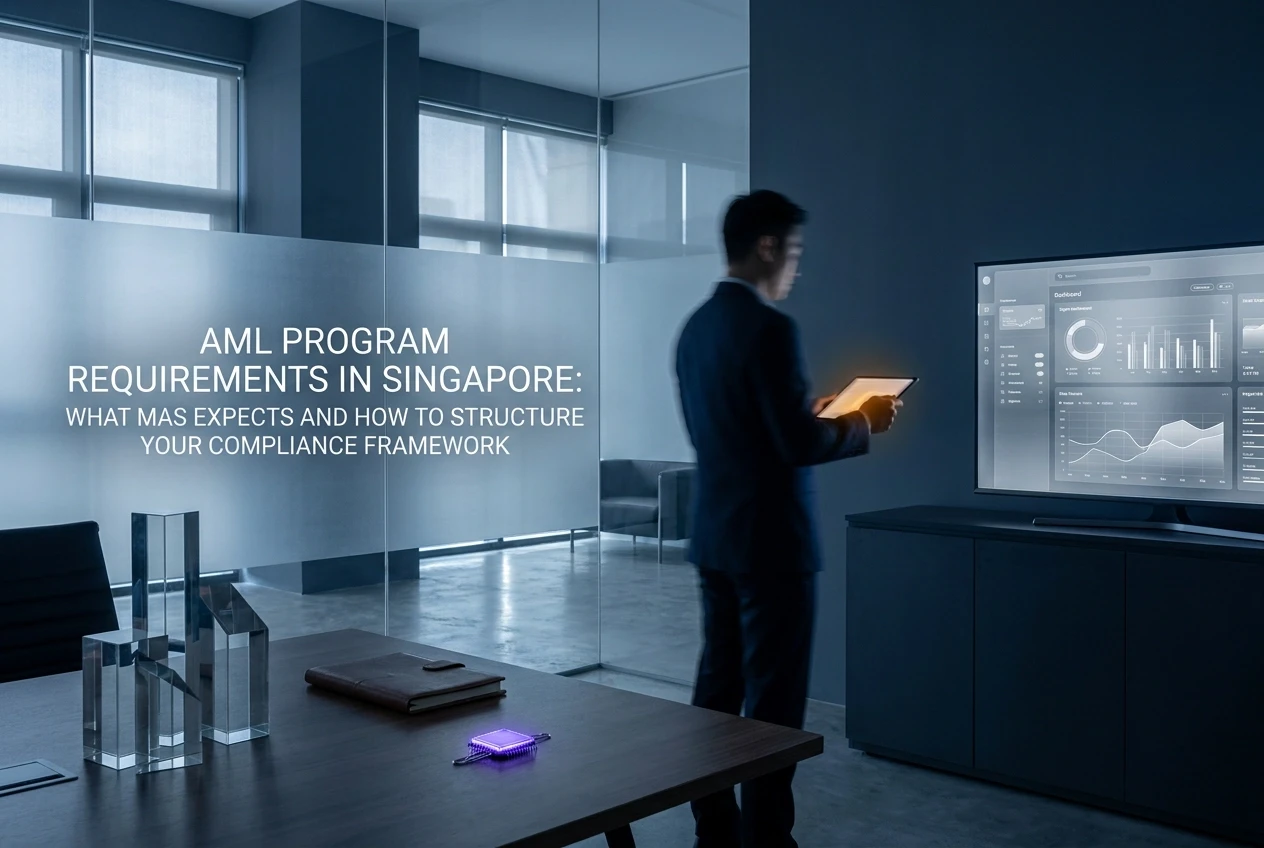 Professional header image for educational tutorial: AML Program Requirements in Singapore: What MAS Expects a...