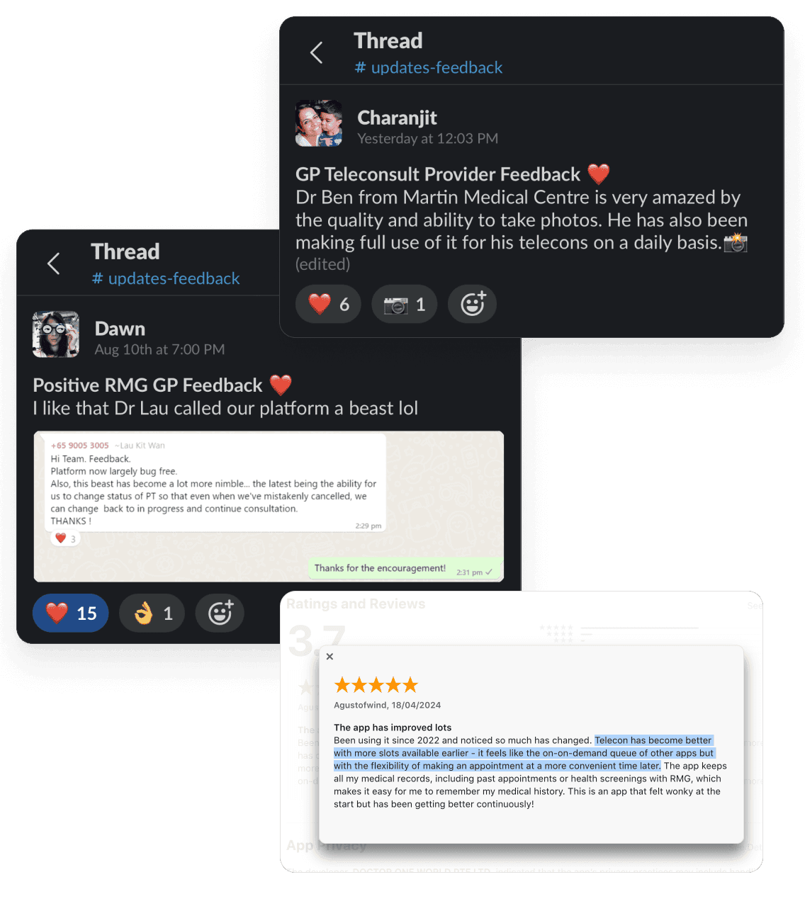 Displays user feedback and testimonials about a teleconsultation platform within a community or forum setting, showing user profile pictures, names, and comments praising the platform’s features and usability.