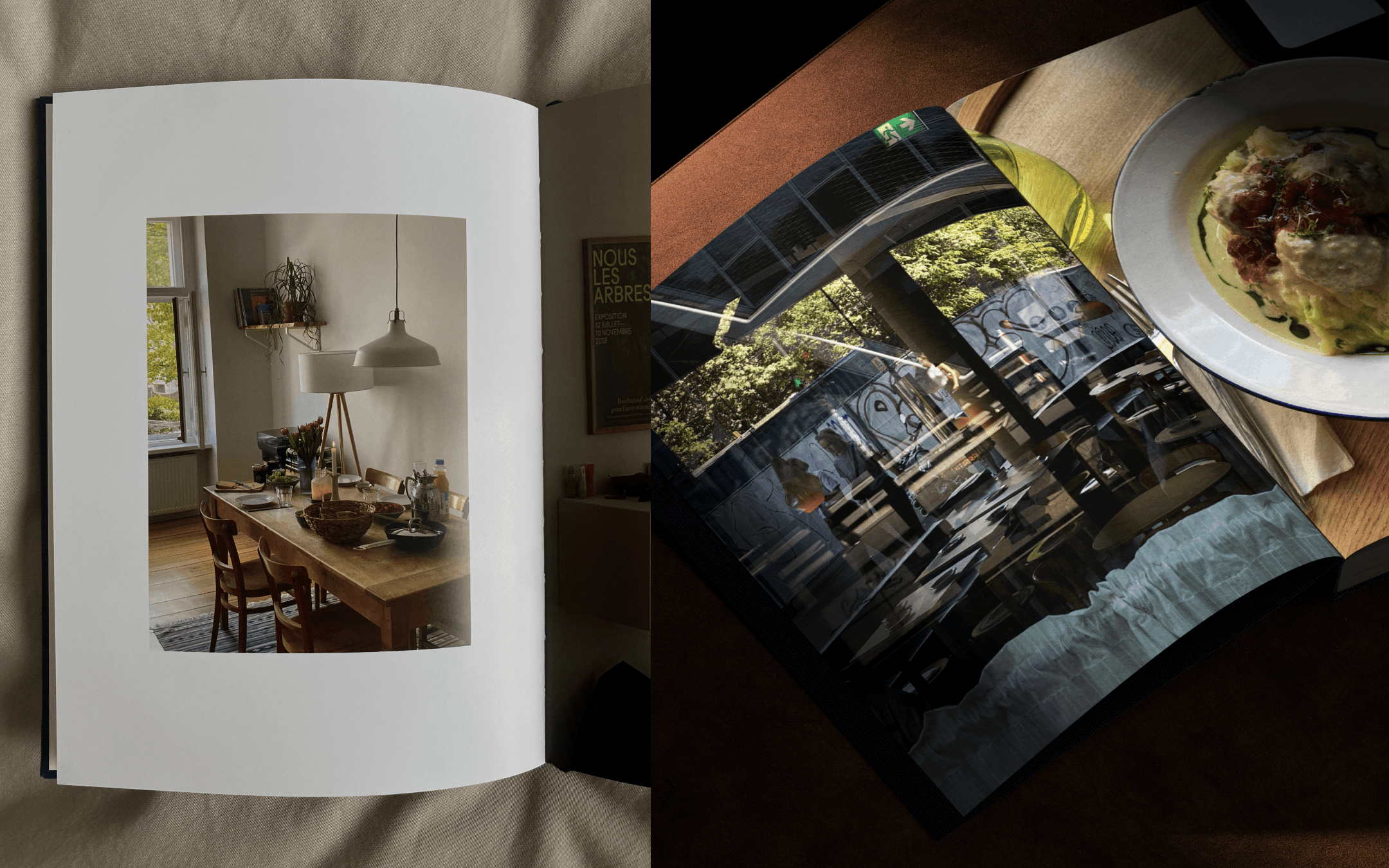 Coffee table book / Photo book of Berlin showing a table setting, lunch at a café and a window looking into a restaurant.