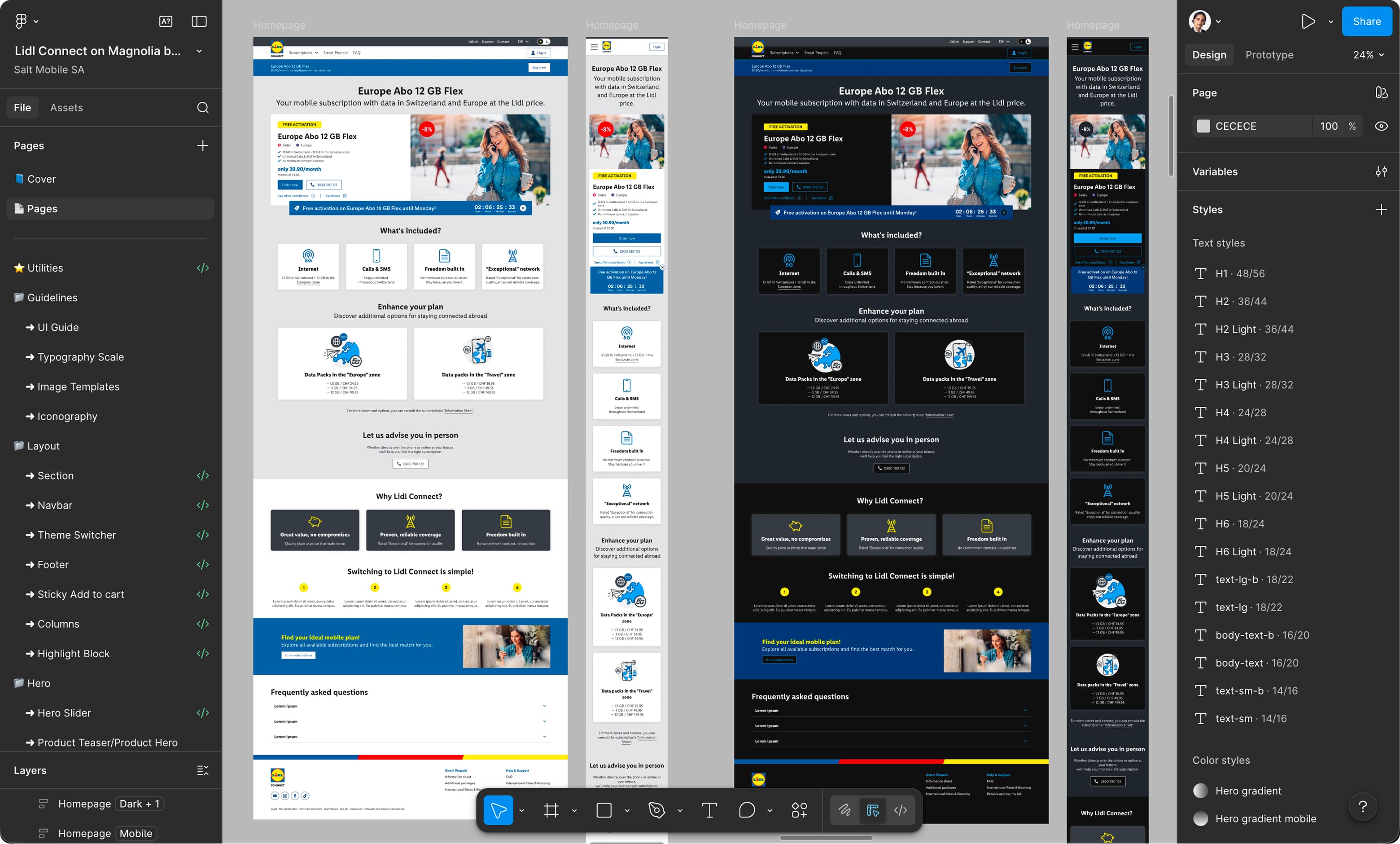 Responsive homepage design for Lidl Connect showcasing light and dark themes across desktop and mobile with structured content and plan highlights.