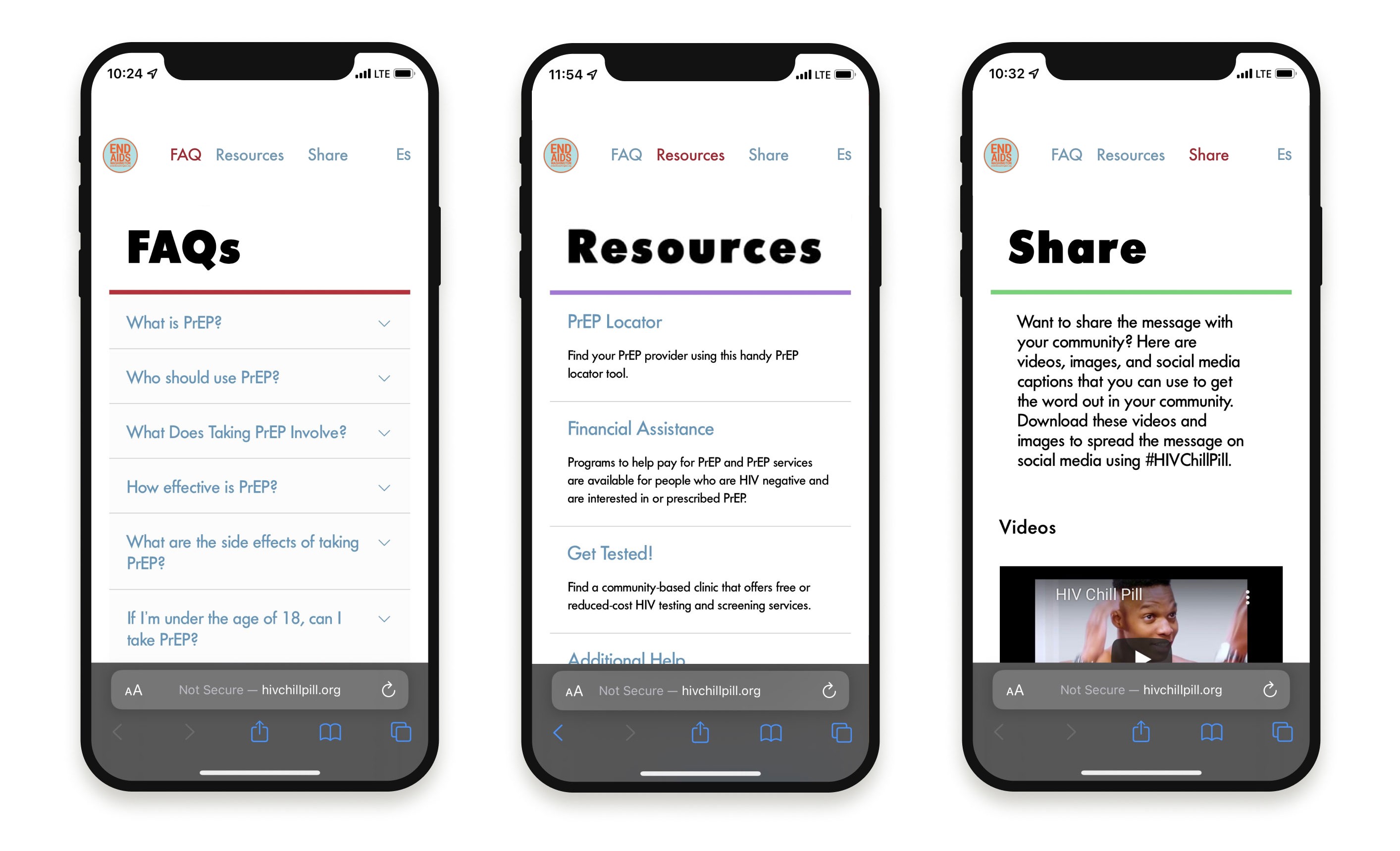 Three mobile screens showing faq, resources, and share page