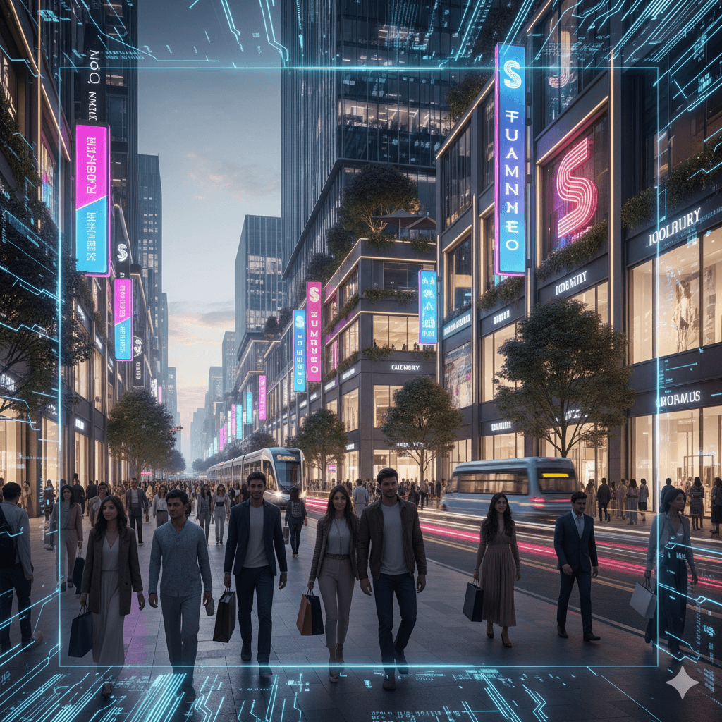 Bustling pedestrian shopping boulevard with neon brand signage and modern architectural glass facades.