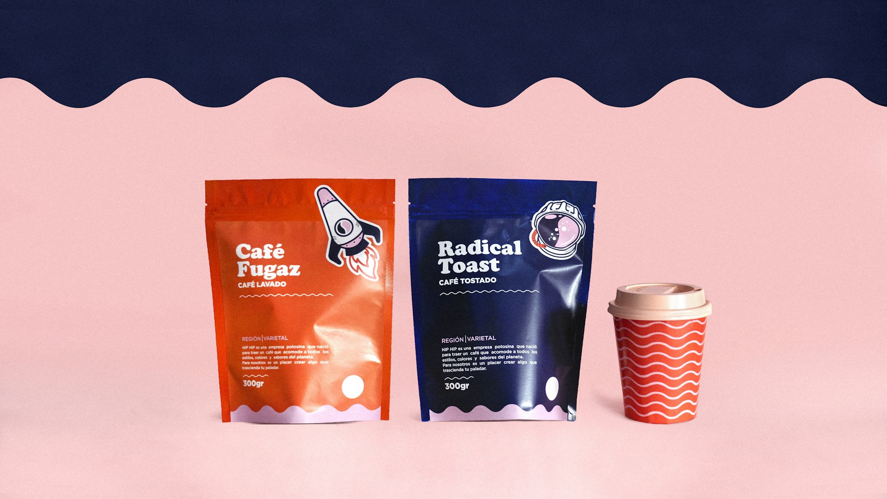 Coffee packaging pouches and a striped cup designed for a specialty roaster