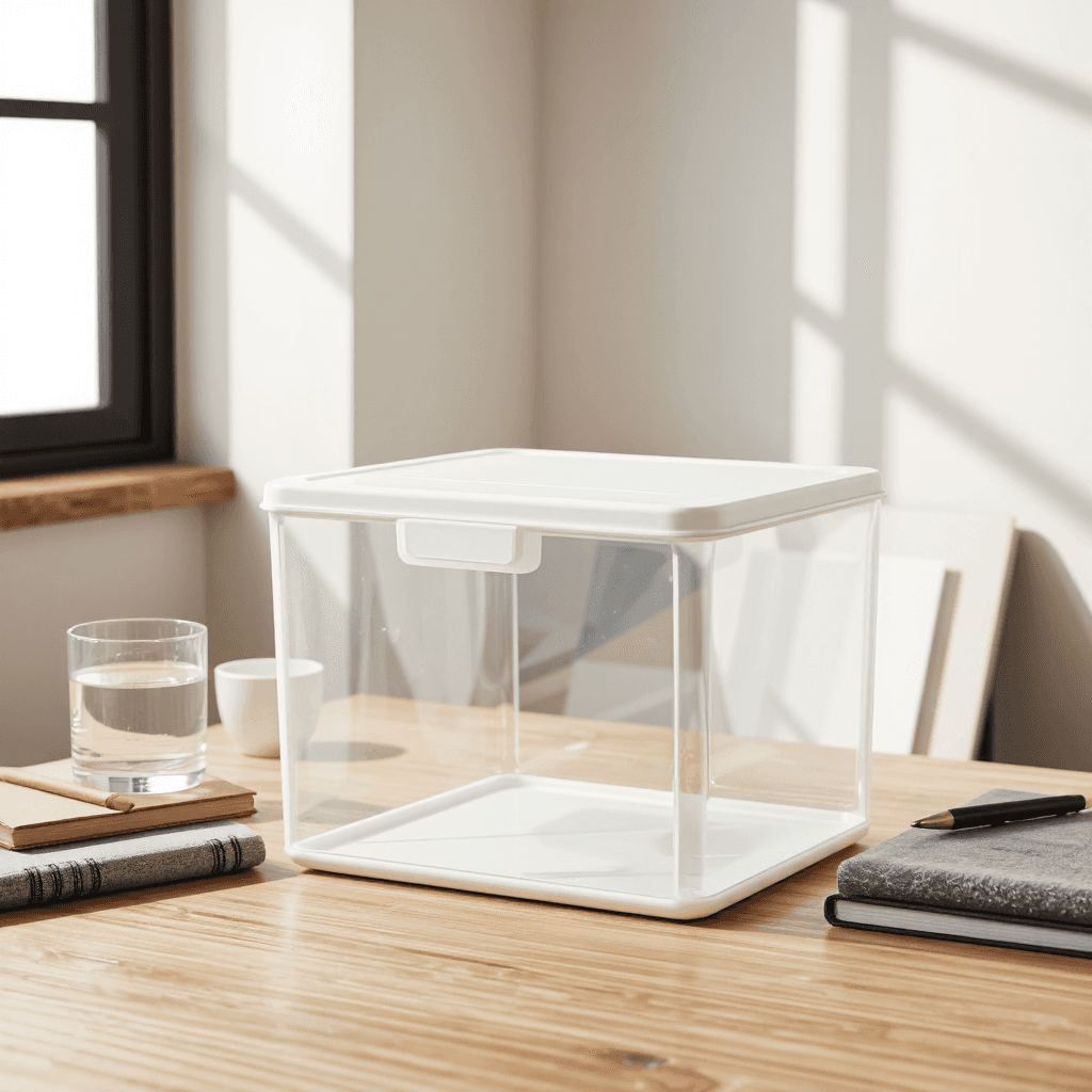 product photography of a transparent storage box with a lid, used for organizing items
