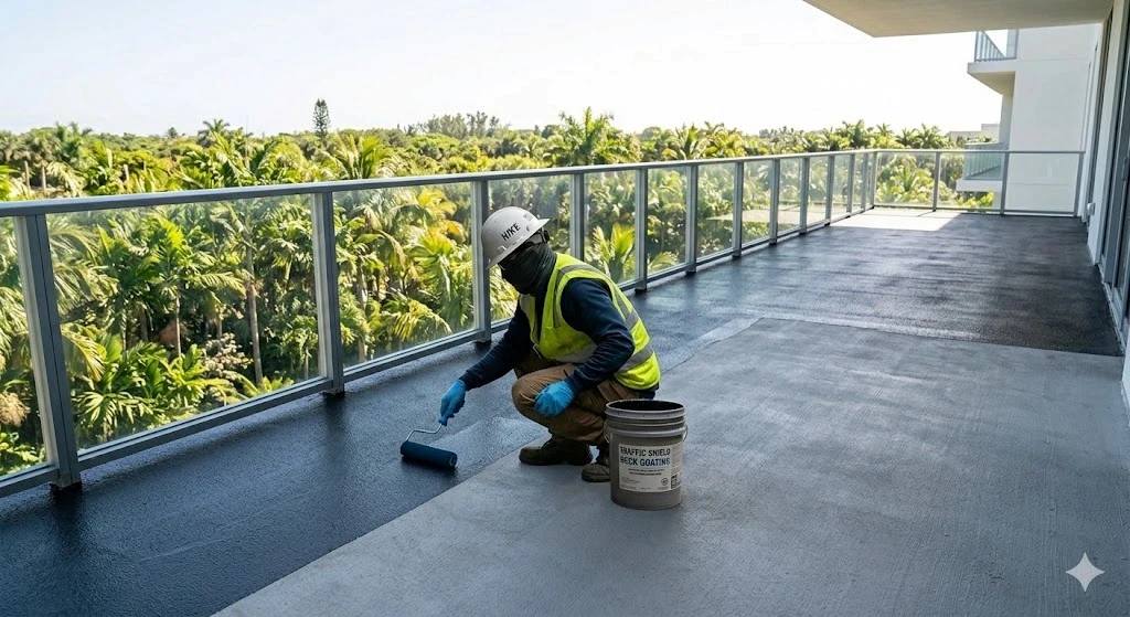 Deck waterproofing and traffic coating installation on a Fort Lauderdale elevated deck — Planet Construction FL