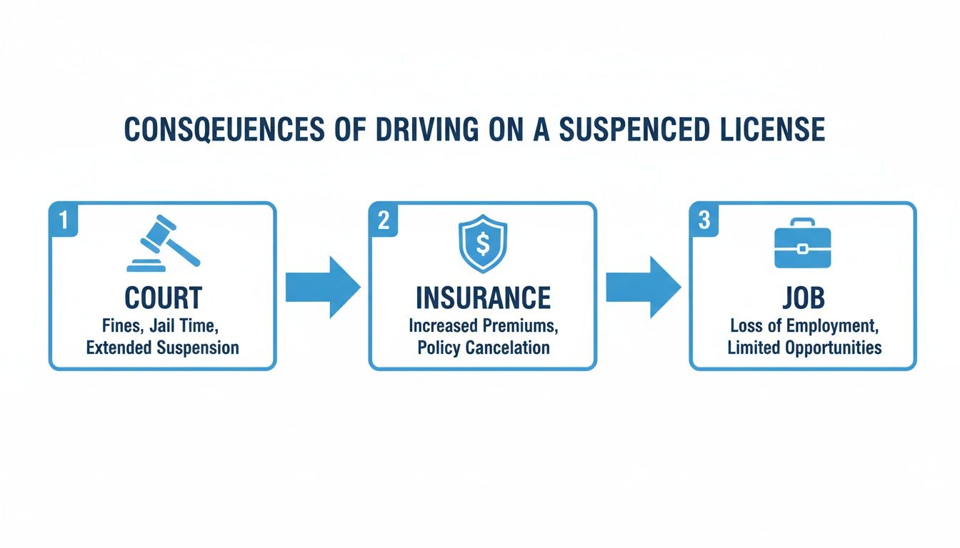 Flowchart detailing three consequences of driving on a suspended license: court, insurance, and job impacts.