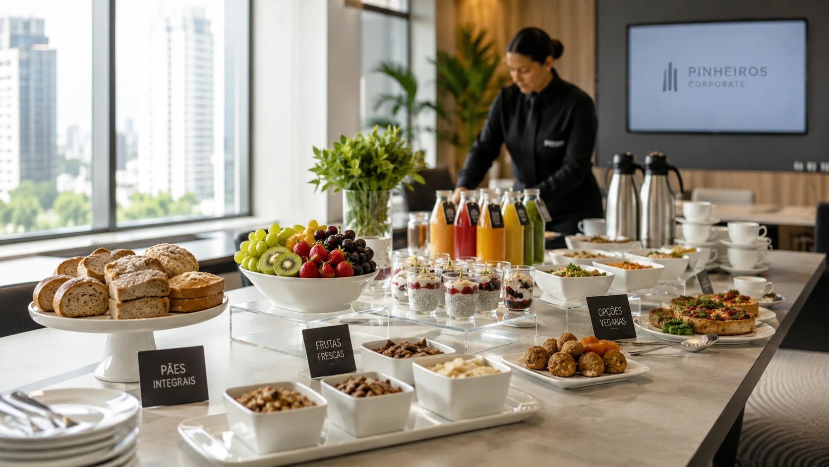 tendências buffet corporativo 2026 em estação executiva moderna