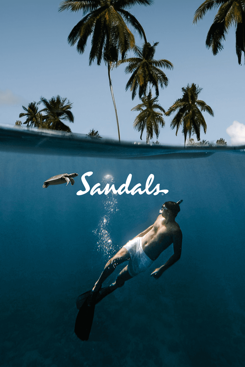 Logo of Sandals in white cursive on a turquoise background with a beach chair and umbrella illustration.