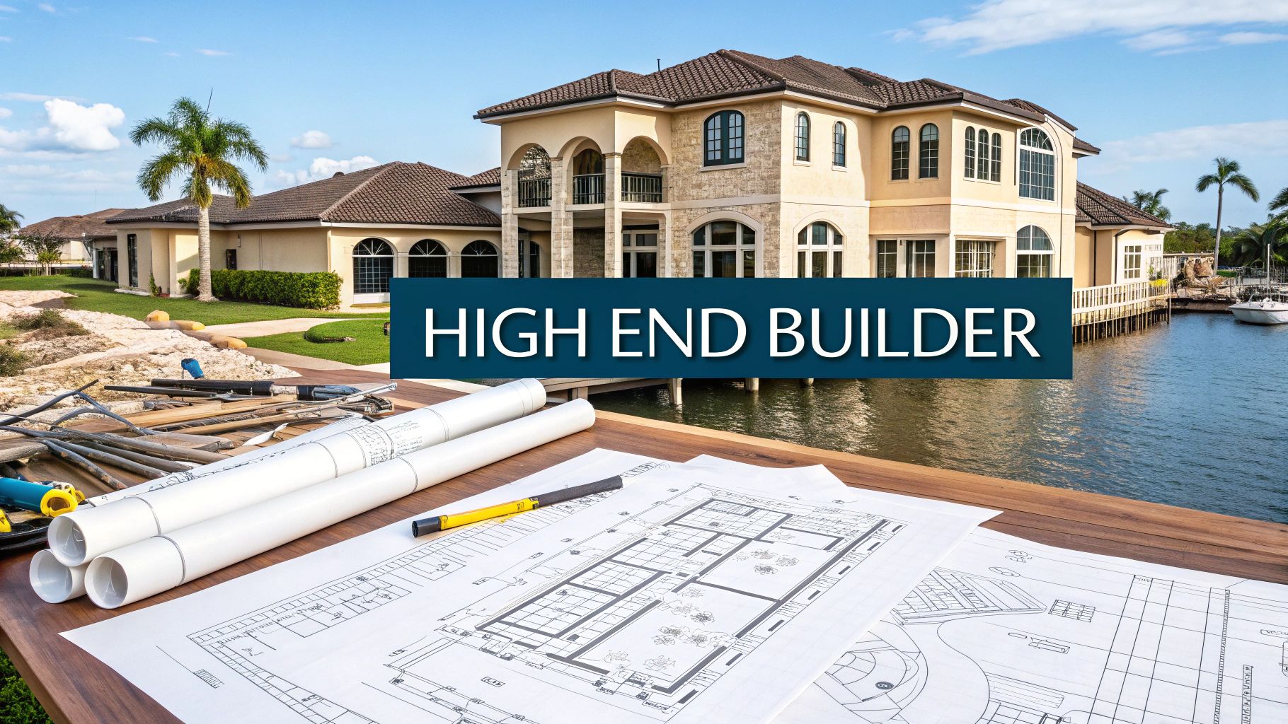 a large home on a canal with a workbench and blueprints in the foreground