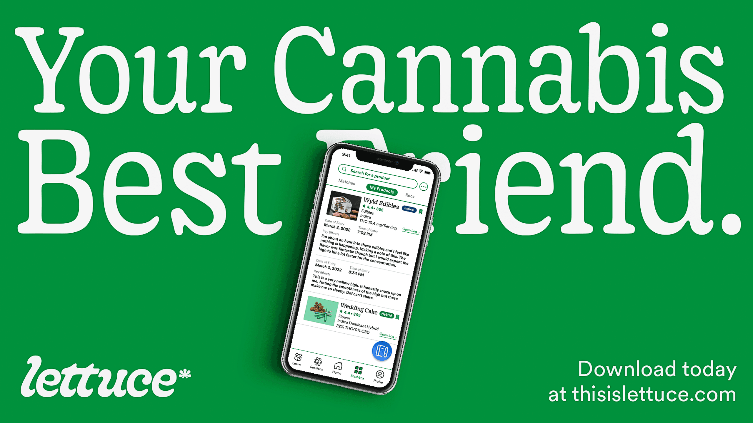 A smartphone displays a webpage titled “Wydale’s Best Friend” on a green background. The website shows various cannabis-related products, including “Wydale’s Best Friend” at $4.99 and “Wydale’s Best Friend” at $2.99, with shipping options and delivery times listed. The “lettuce” logo appears in the bottom left corner, and the text “Download today at thisislettuce.com” appears in the bottom right.