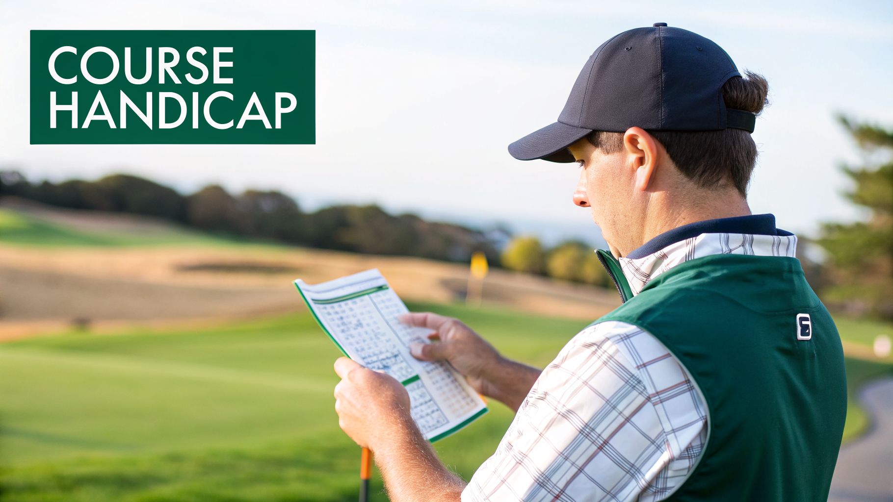A male golfer in a cap and vest reads a scorecard on a sunny golf course.