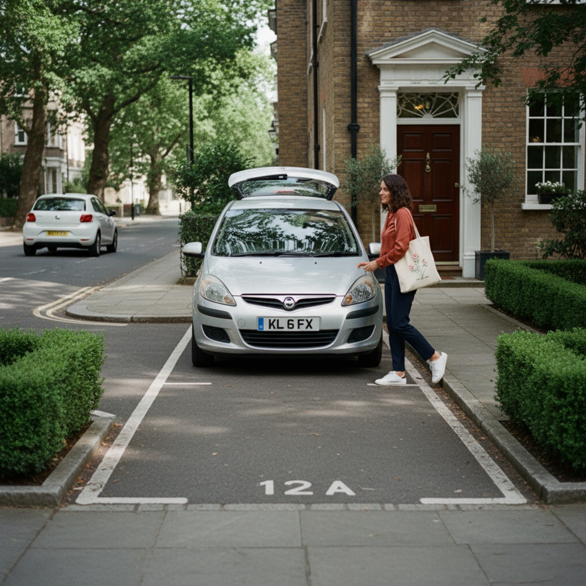 Mittagsruhe in einer Wohnstraße, ein freier Stellplatz zwischen zwei Hecken wartet sichtbar markiert. Eine Pendlerin schließt den Kofferraum und geht Richtung Haustür, der nächste Fahrer biegt ein. Sanfte Schatten von Bäumen, dezente Nummerierung, gepflegte Bordsteine. Die Szene wirkt zugänglich, ruhig und sofort nutzbar.