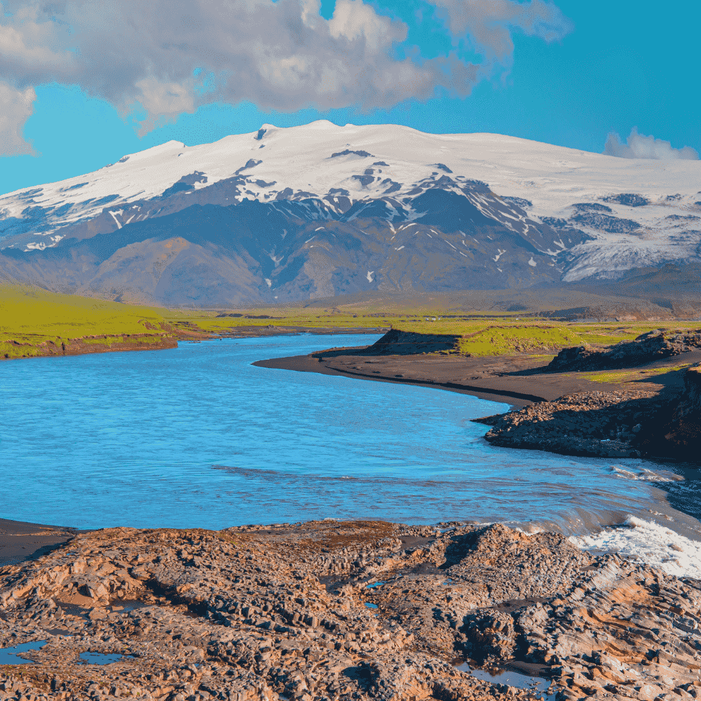 Mýrdalsjökull glacier and Katla volcano in South Iceland with glacial river and volcanic landscape along the Volcanic Way